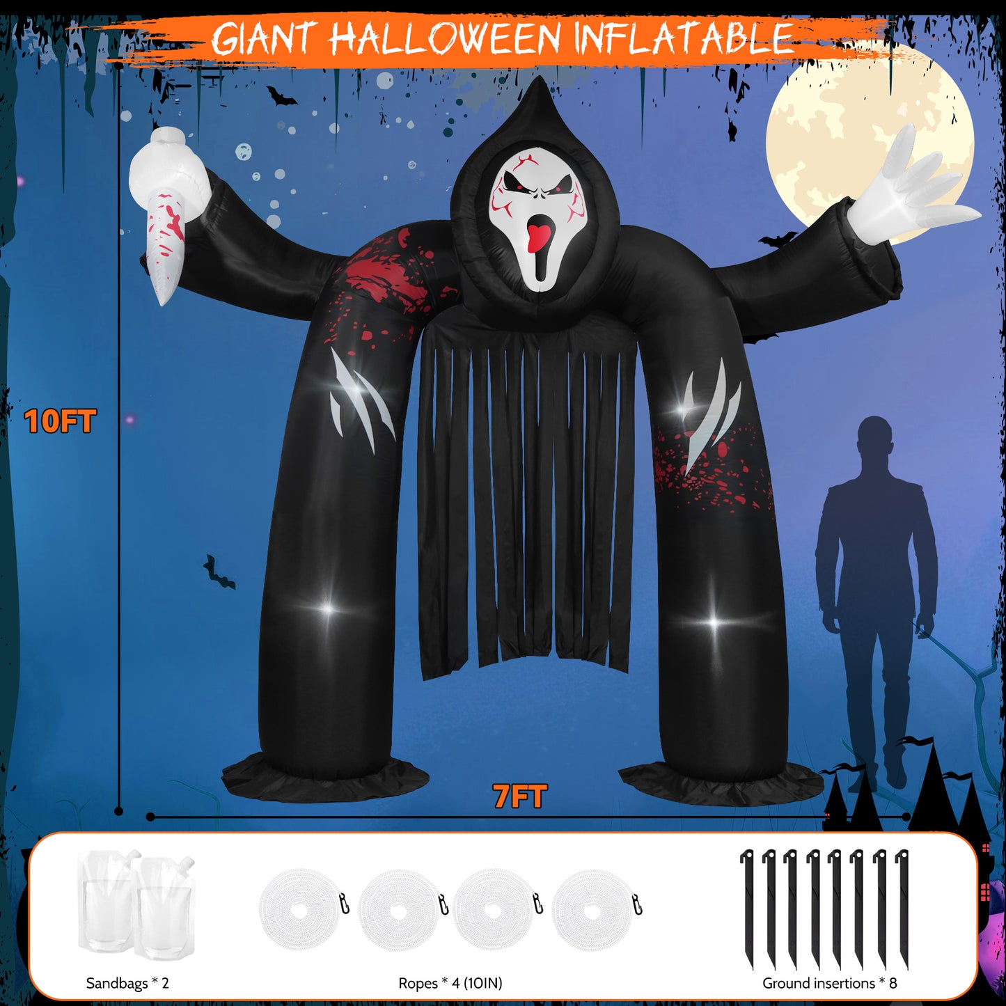 Yexmas 10FT Halloween Inflatable Archway Outdoor Decoration，Ghost Castle Inflatable Archway Blow Up with Spooky Face Scary and Build-in LED, Large Halloween Decor for Party Yard Garden Lawn