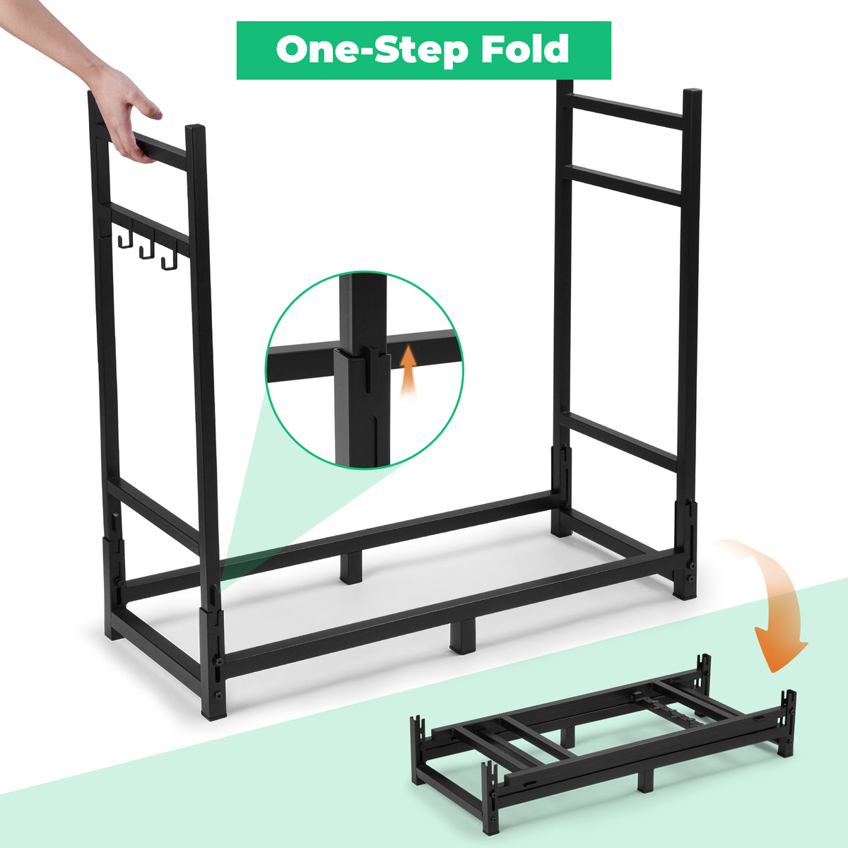 Yexmas Foldable Firewood Rack with 5-Piece Fireplace Tool Set & Kindling Holder, Indoor/Outdoor Wood Storage Organizer for Fireplace & Fire Pit