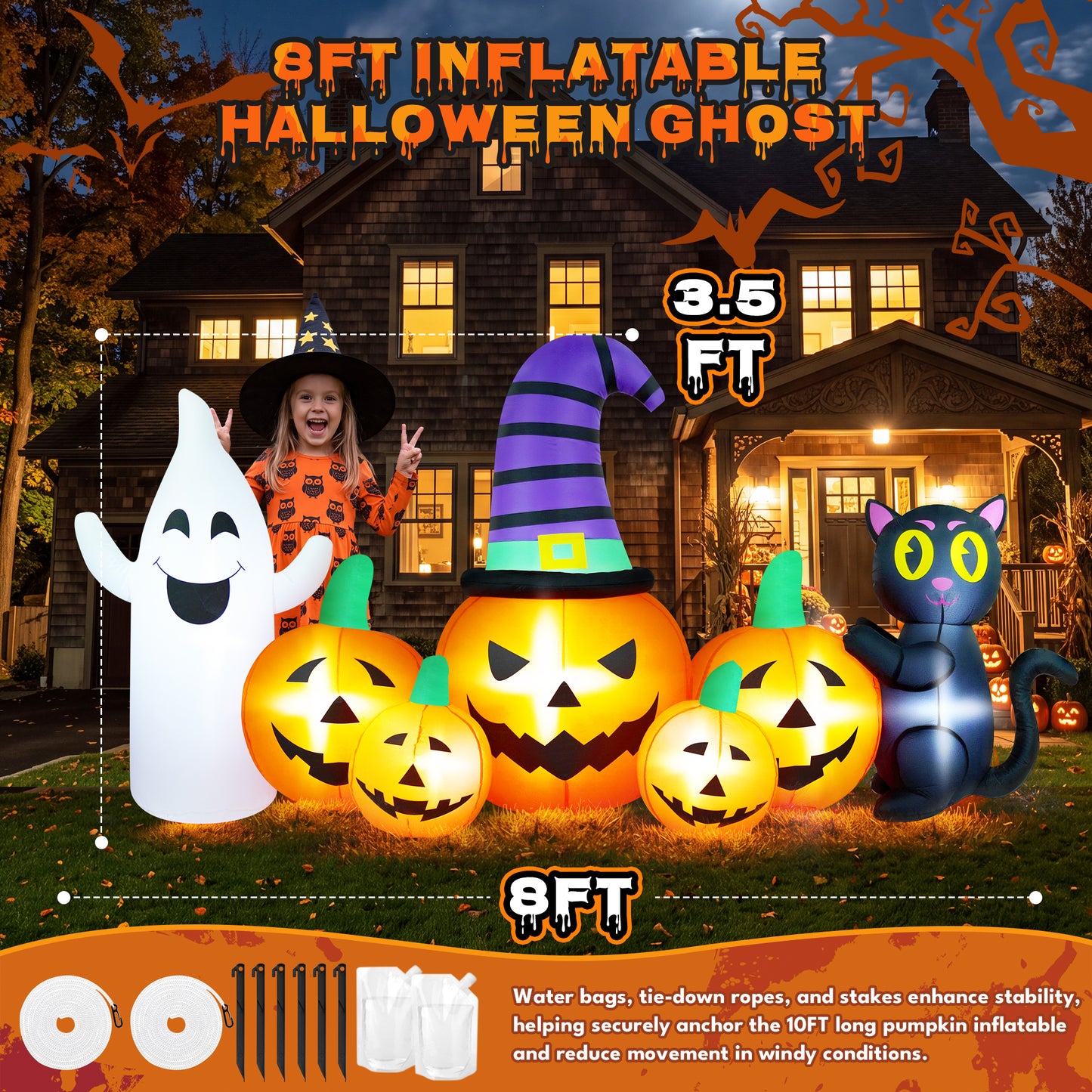 Yexmas 8FT Long Halloween Inflatable Pumpkin with Ghost and Black Cat,Outdoor Halloween Decoration with LED Lights for Yard Lawn Garden Porch Party Decor