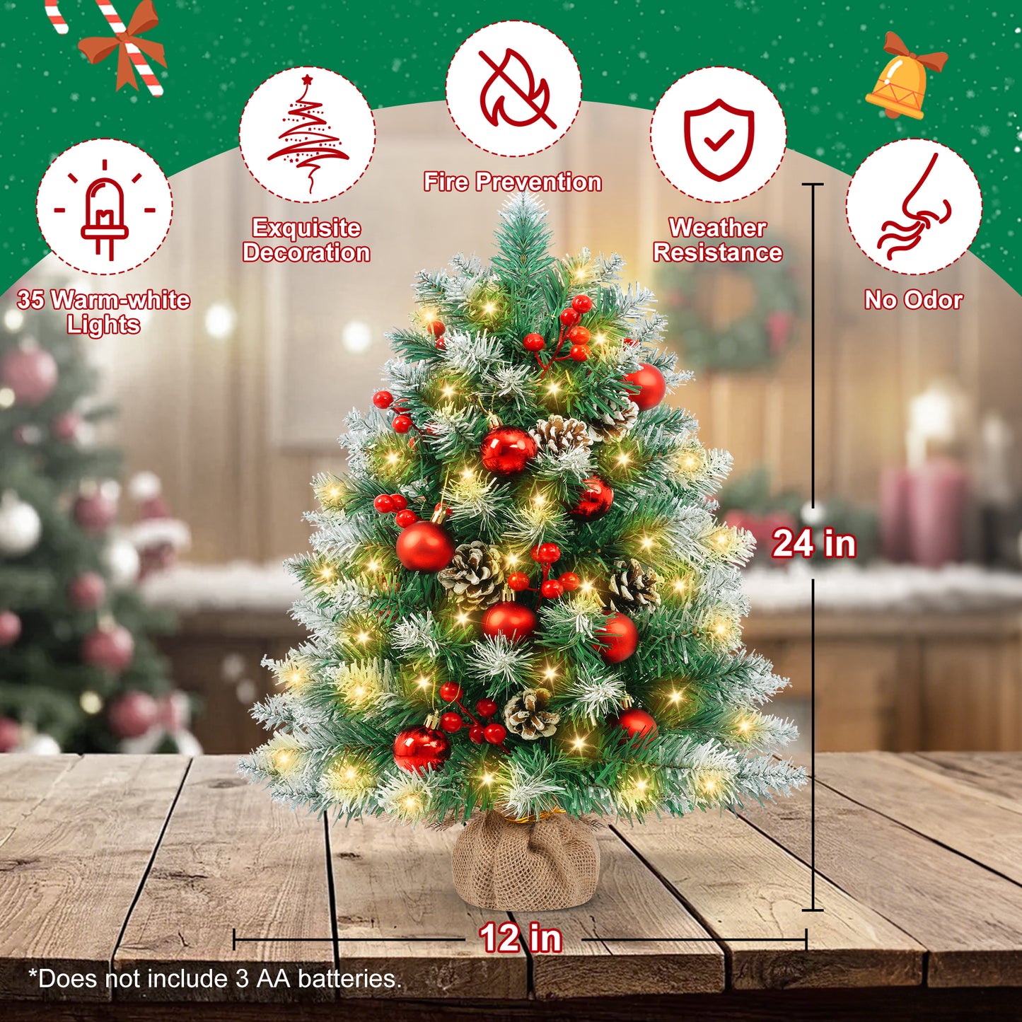 Yexmas 2PCS Pre-lit Artificial Mini Christmas Tree,24 Inch Small Tabletop Xmas Tree for Indoor Outdoor Christmas Decor