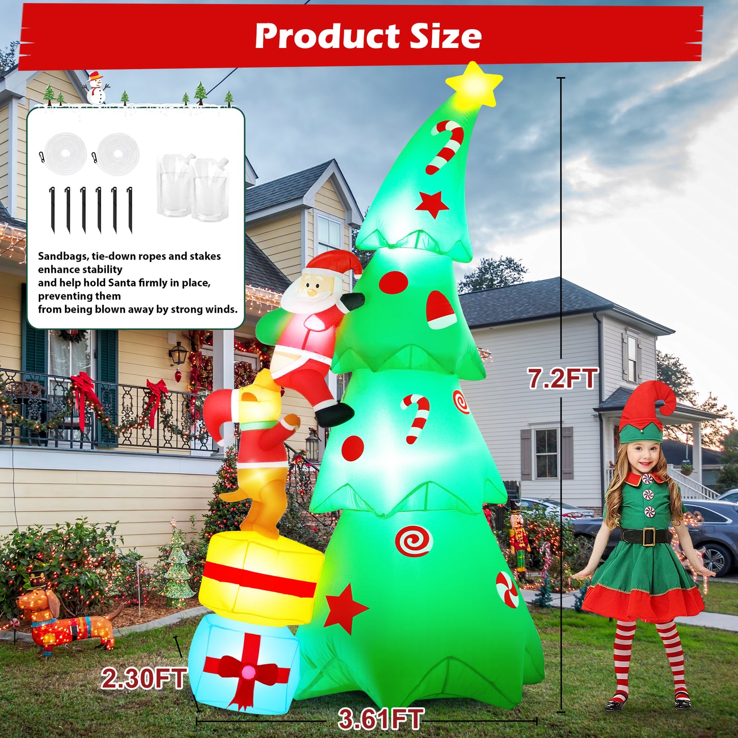 Yexmas 7.2FT Large Outdoor Inflatable Christmas Tree with Santa Claus and Dog, Built-in LED Lights, Blow Up Xmas Decoration for Yard, Garden, Lawn, Holiday Party