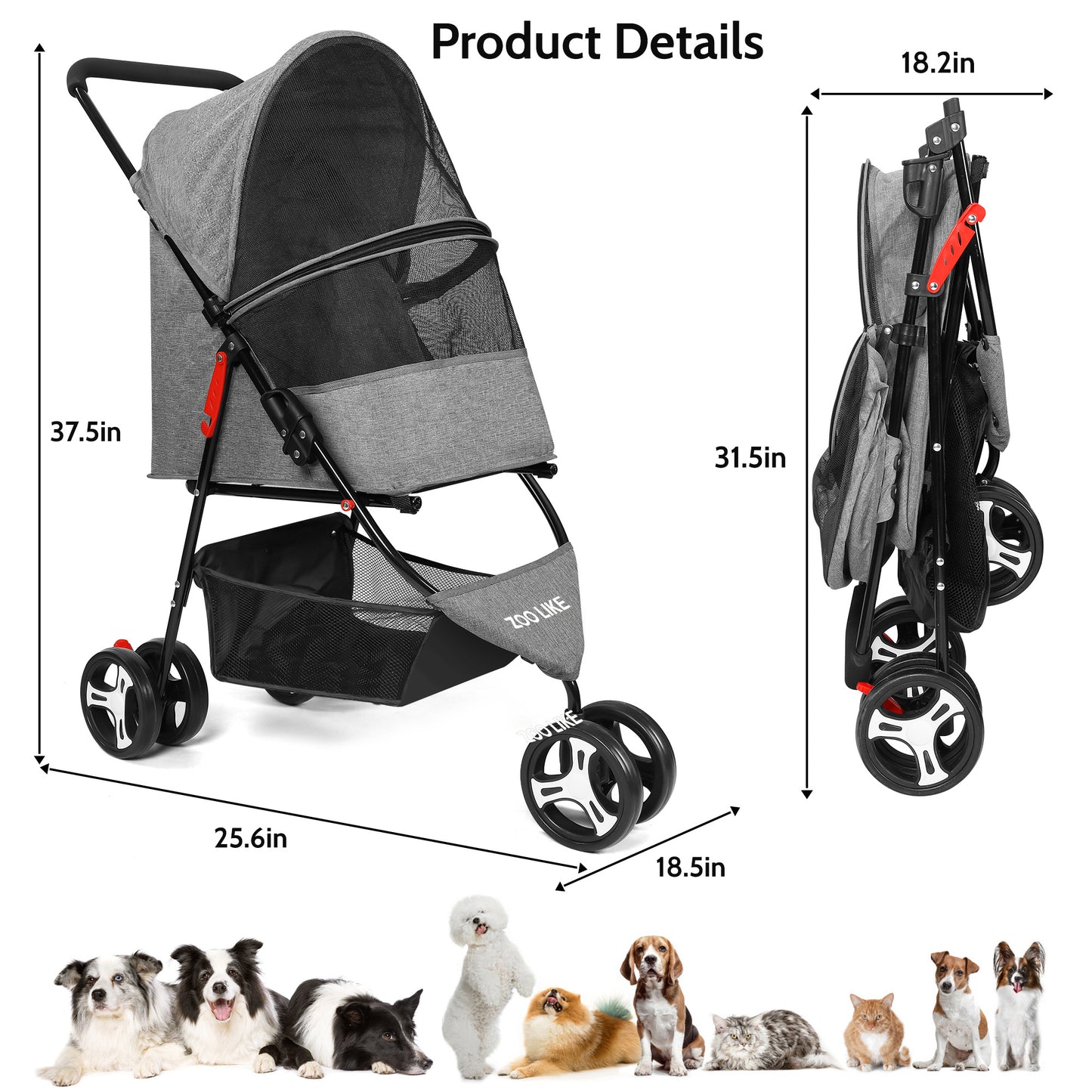 Zoolike 3 Wheel Pet Stroller Cat Dog Stroller Foldable Jogging Travel Perros Carrier for Small Medium Dogs，Puppy Stroller,Black