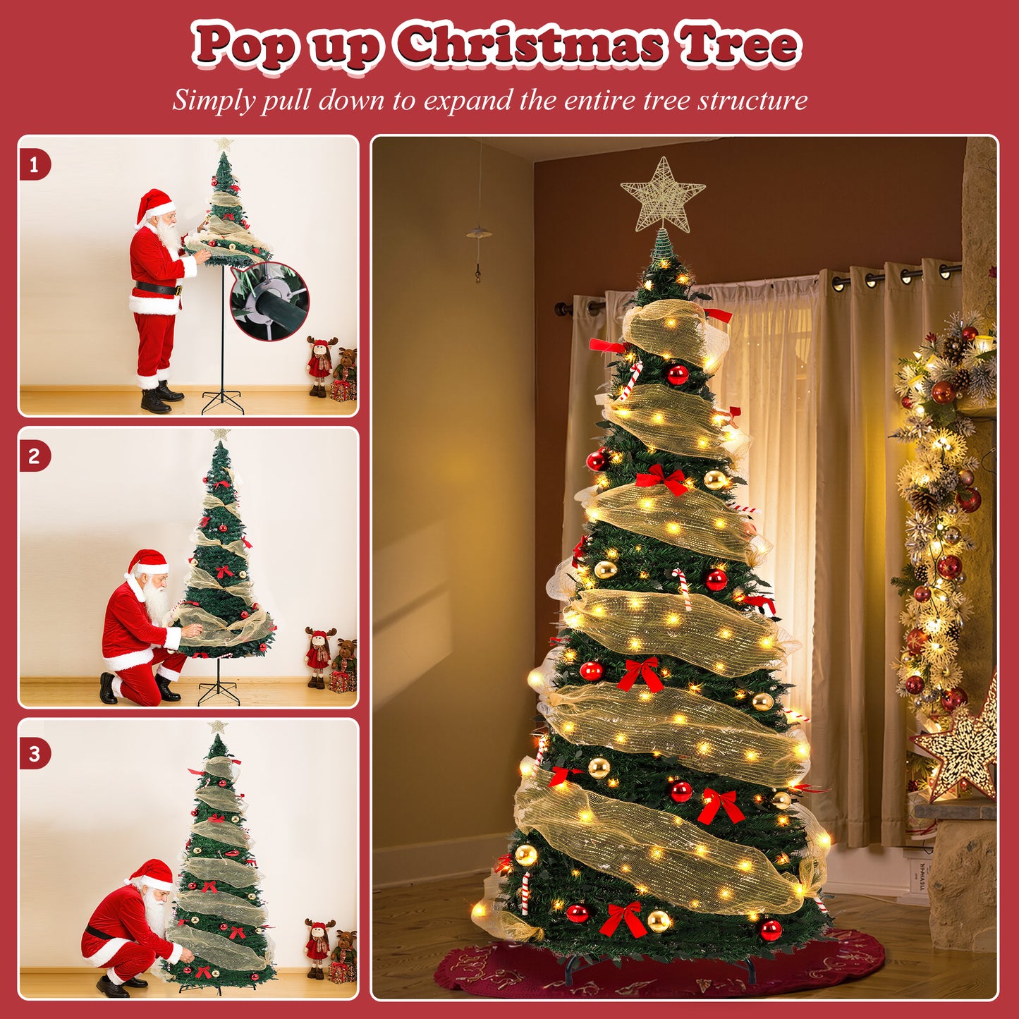 Yexmas 6FT Pop-Up Artificial Christmas Tree with 300LED Lights,Green Prelit Christmas Tree with Foldable Base
