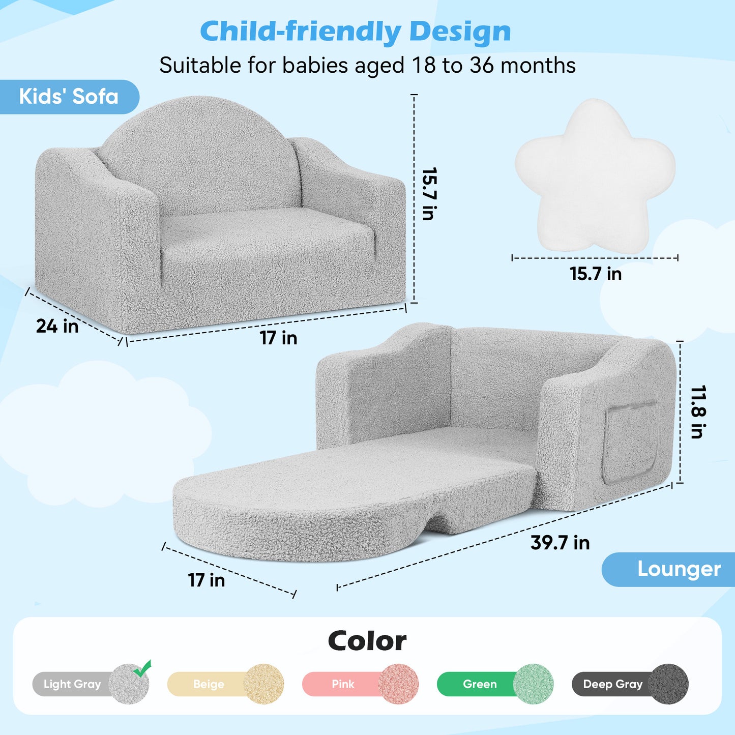 Babyeap Kids Sofa,2-in-1 Soft Toddler Couch Fold Out,Toddler Chair Baby Convertible Couch for Girls and Boys,Light Gray