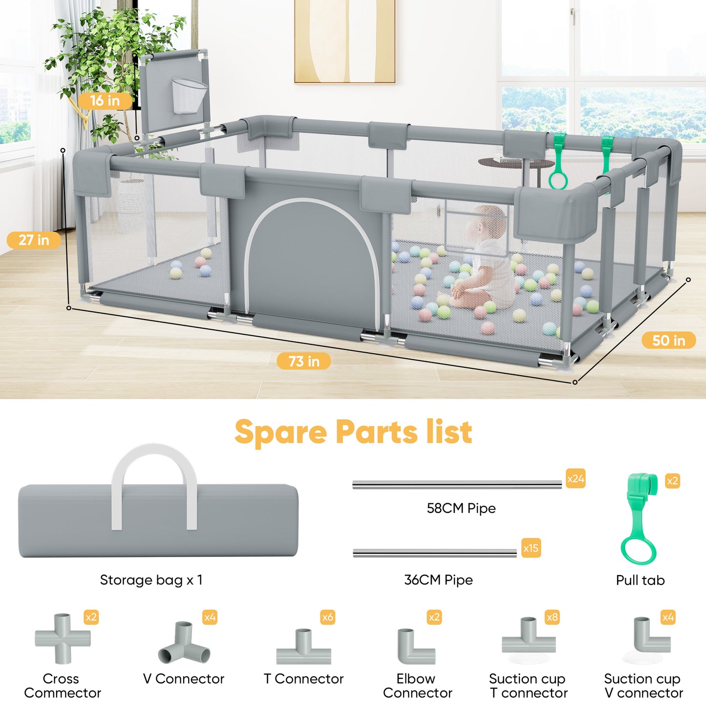 babyeap Baby Playpen,73 Inch Extra Large Baby Playard,Playpen for Babies and Toddlers With Basketball Hoop,Children Kids Play Fence for Indoors Outdoors,Gray