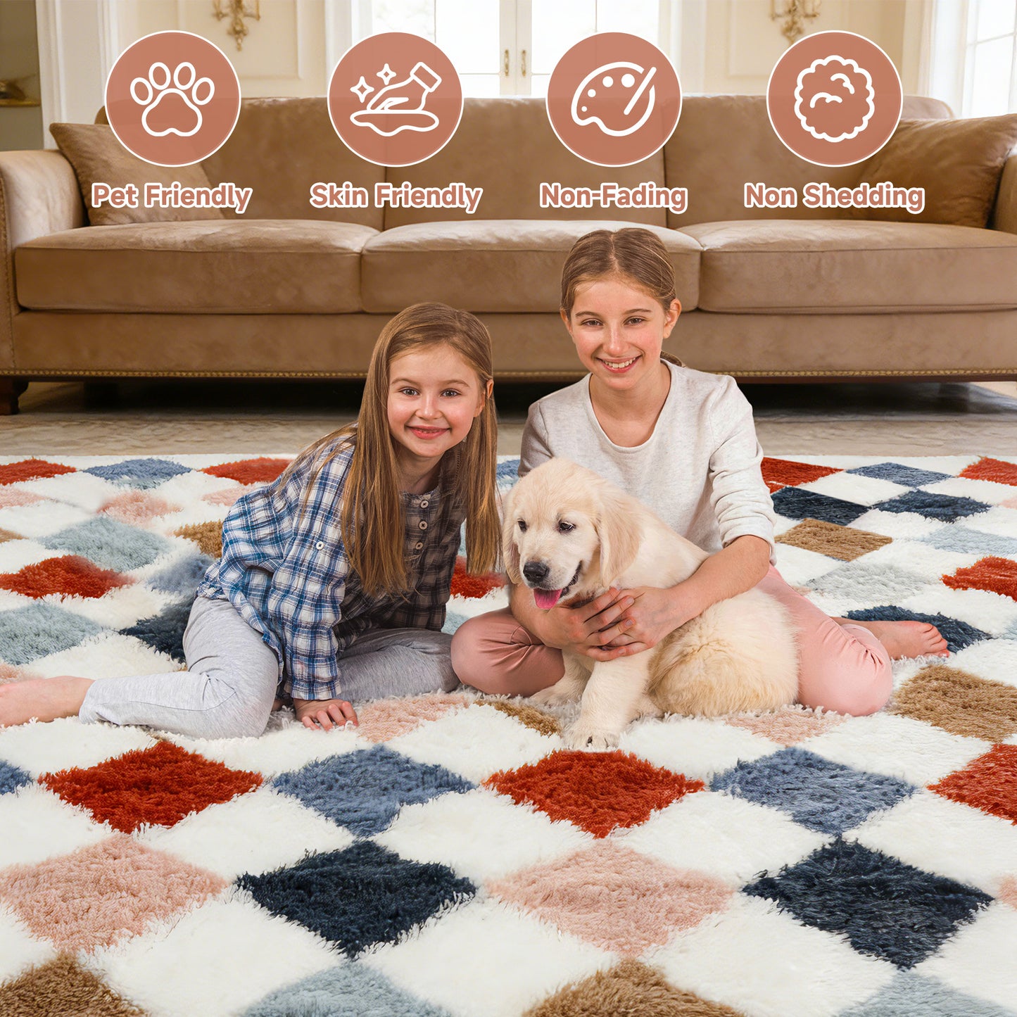 CozyDesg 4ftx6ft Area Rugs,Shag Fluffy Checkered Rugs for Living Room,Bedroom,Modern Room Decor Carpet, Non-Slip Floor Rug,Colorful B