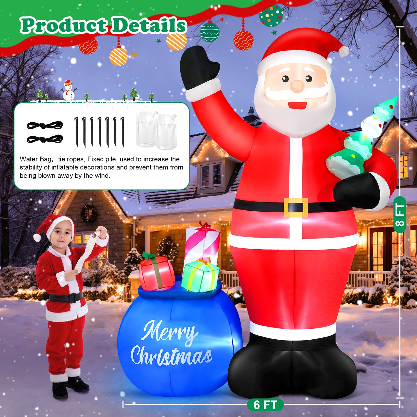 Yexmas 8FT Christmas Inflatable Santa Claus with Big Gift Bag and Christmas Tree Outdoor Decorations,Built-in LED Light,Blow Up Xmas inflatables for Front Back Yard Garden Lawn