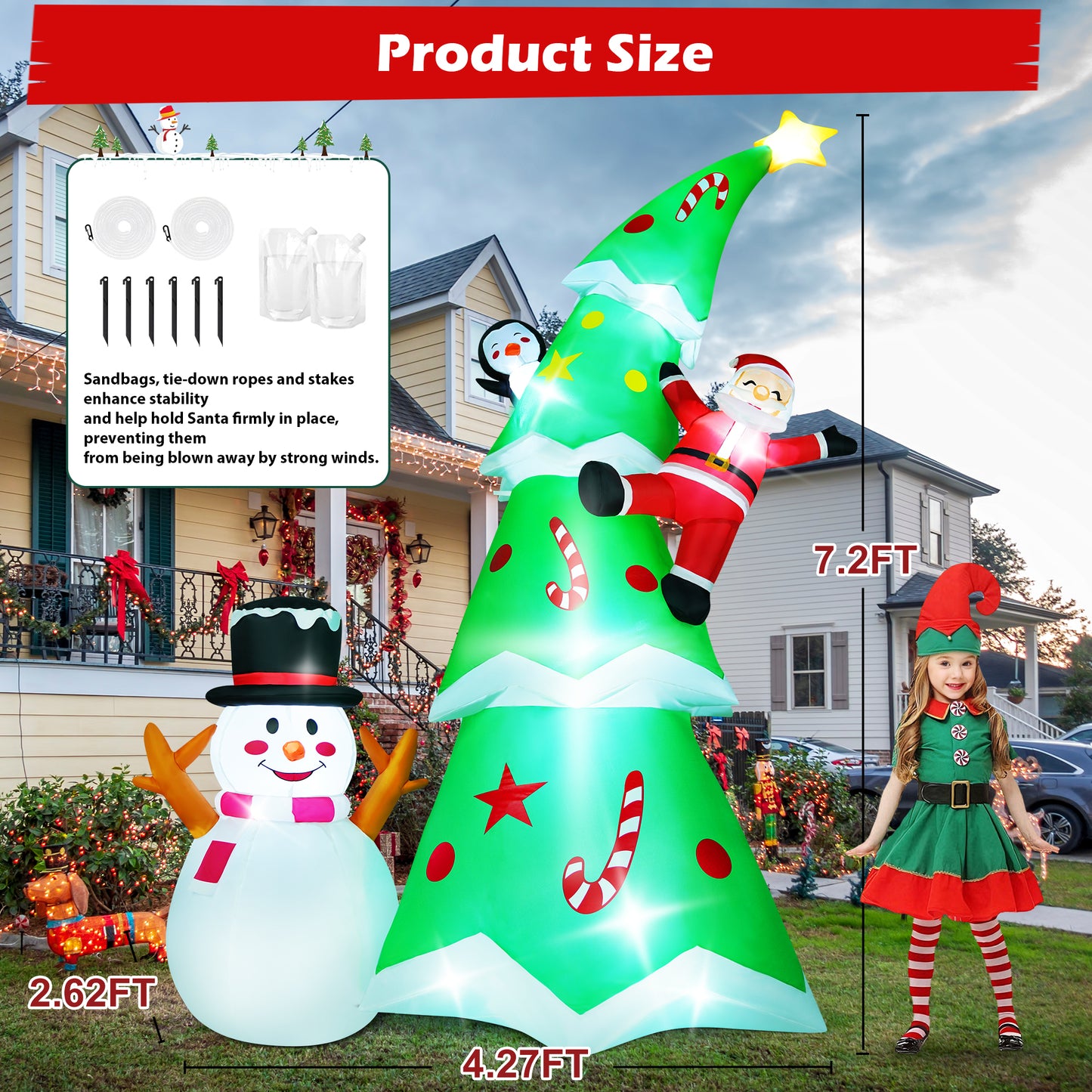 Yexmas 7.2FT Large Outdoor Inflatable Christmas Tree with Santa Claus and Snowman, Built-in LED Lights, Blow Up Xmas Decoration for Yard, Garden, Lawn, Holiday Party