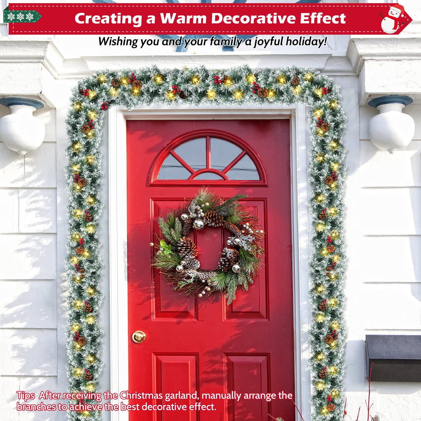 Yexmas 9ft Large Christmas Garland, Multi-Purpose Xmas Wreath with 60 LED Lights, Decorated with Pinecones, Berry Clusters, Battery Operated