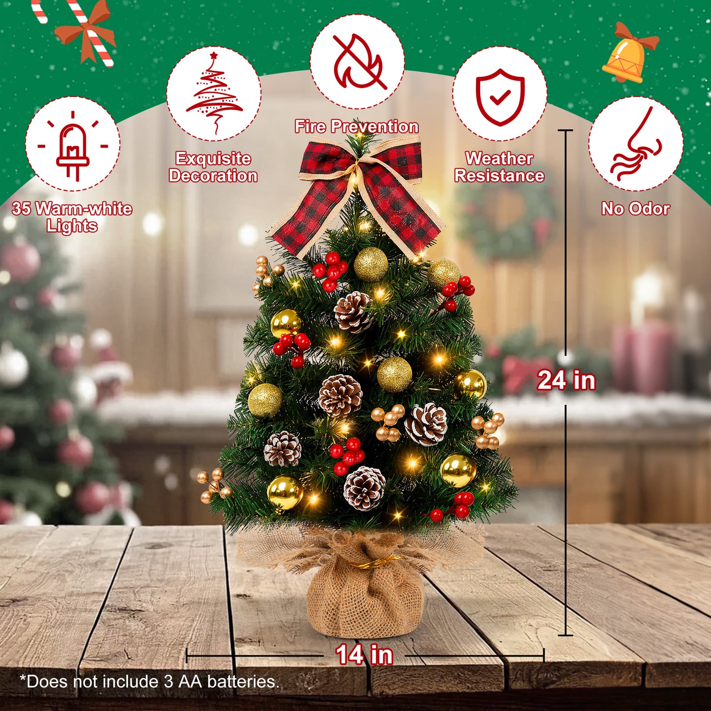 Yexmas 2PCS Pre-lit Artificial Mini Christmas Tree,24 Inch Small Tabletop Xmas Tree for Indoor Outdoor Christmas Decor
