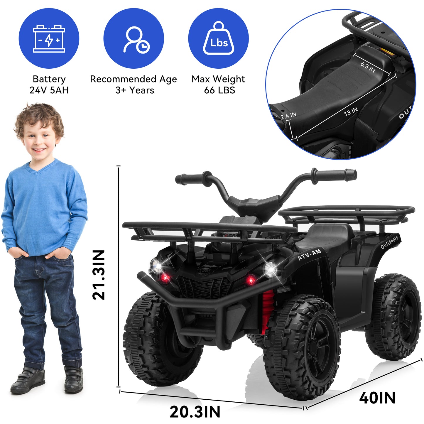 Yexmas 24V Kids ATV,Electric ATV for Kids 4 Wheelers Quad Car Toy, Ride On Toy Car As Gift for Kids,Black