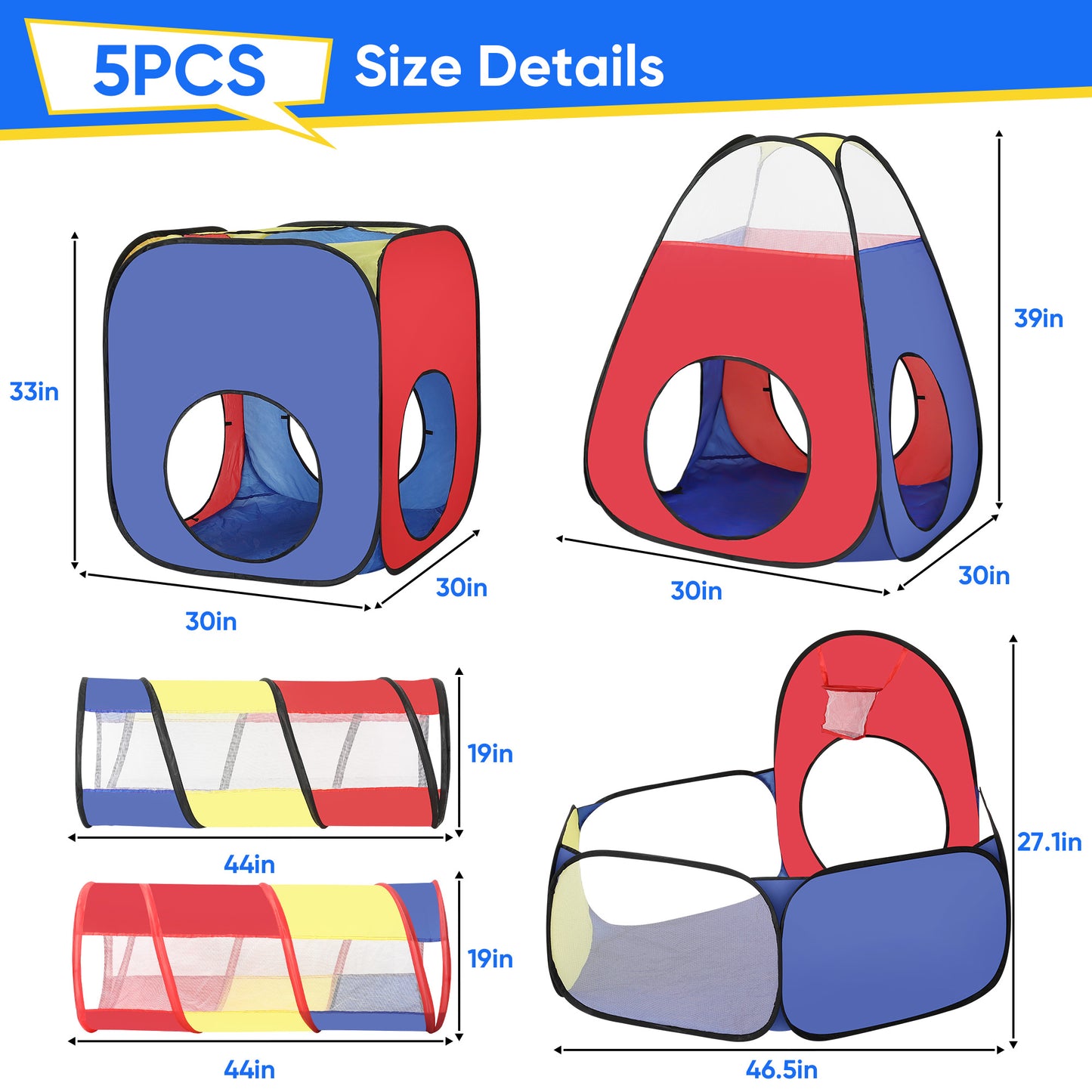 Yexmas 5 in 1 Kids Play Tent and Tunnels - Ball Pit for Toddlers, Basketball Hoop, 2 Crawl Tunnels, 2Pop-Up Playhouses Tent Set for Boys Girls Kids(No Ball)