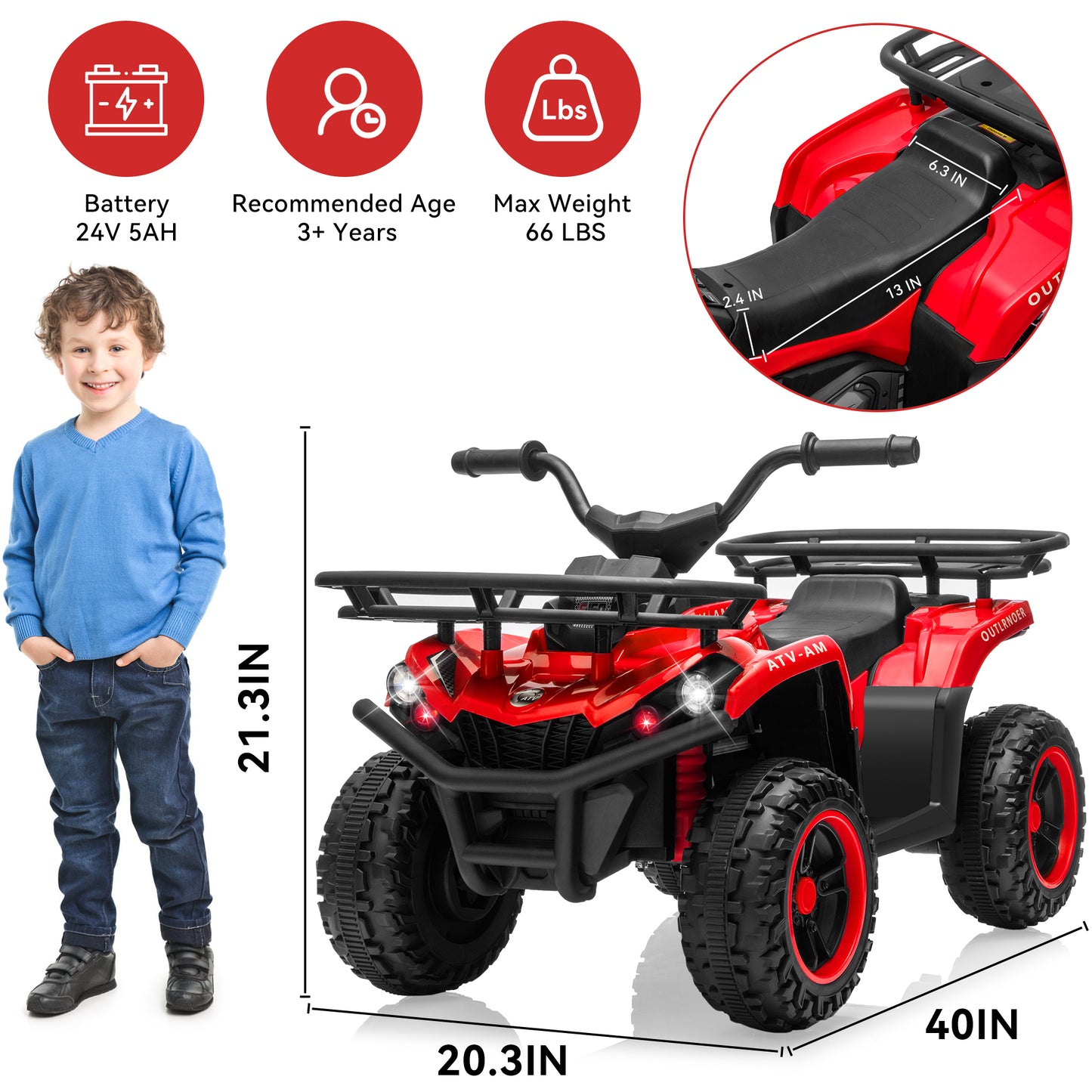 Yexmas 24V Kids Ride On ATV, 4 Wheeler Electric Quad Toy Car, Battery Powered Ride On Vehicle for Kids, Red