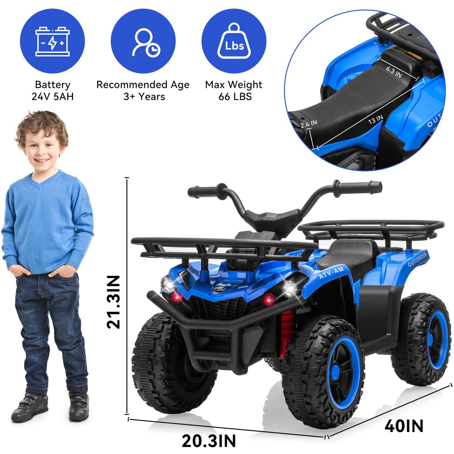 Yexmas 24V Kids ATV,Electric ATV for Kids 4 Wheelers Quad Car Toy, Ride On Toy Car As Gift for Kids,Blue