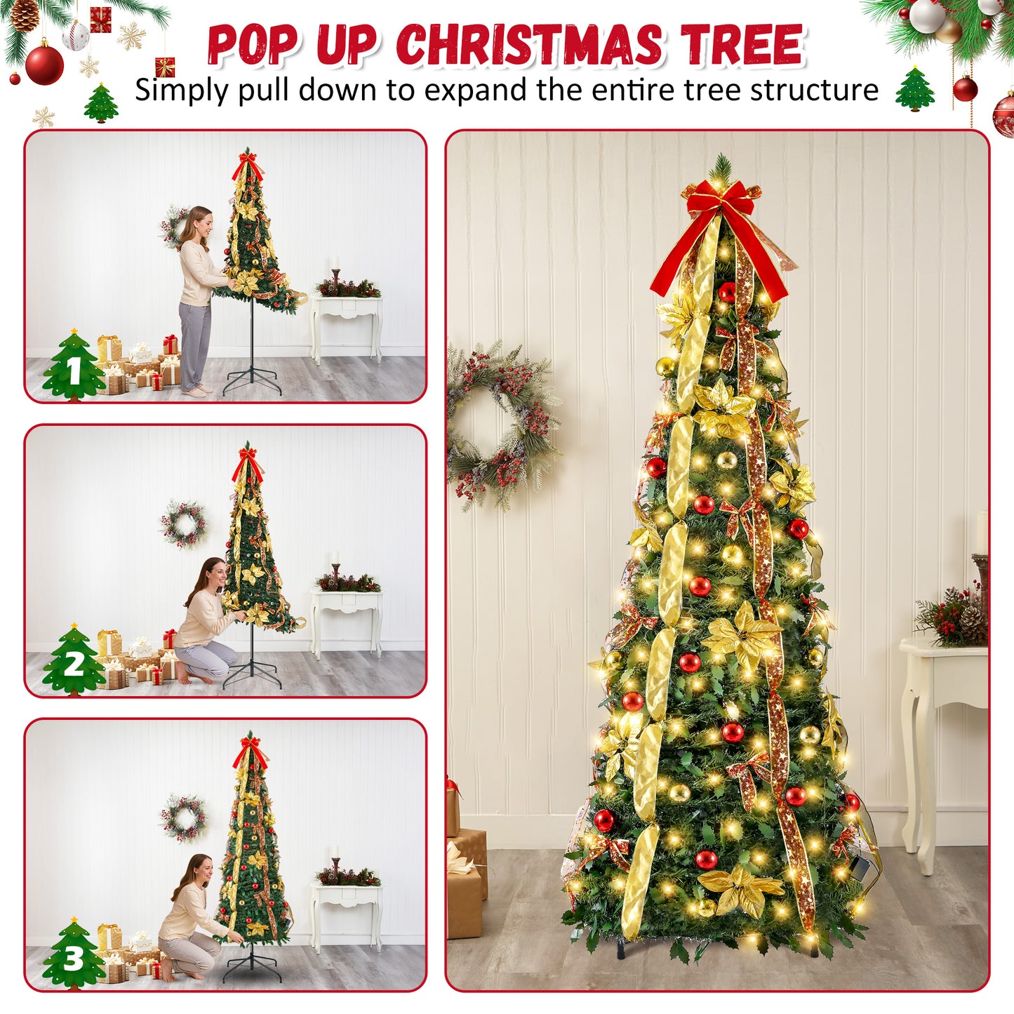 Lookfly 7.5FT Pre-Lit Christmas Tree,Green Pop Up Christmas Trees for Indoor Holiday Party Decorations