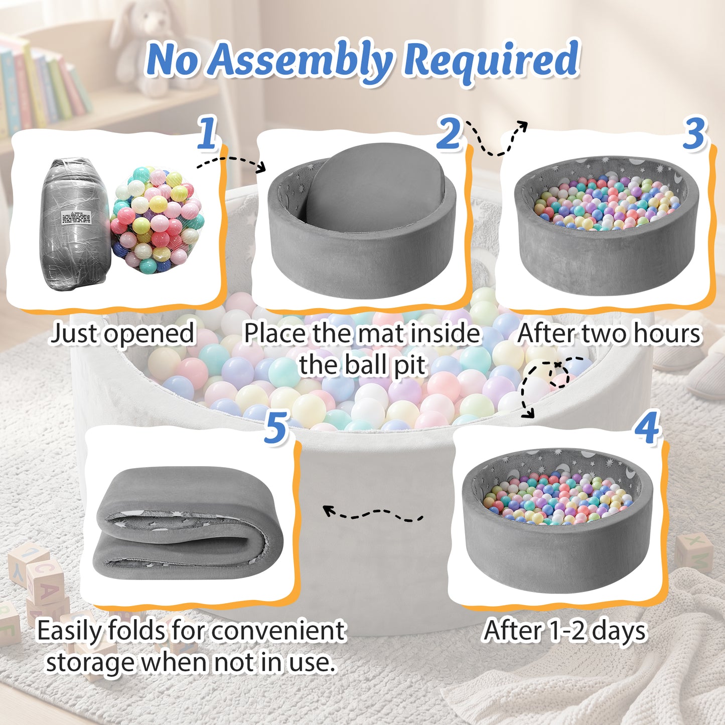 babyeap Ball Pit with 65 Balls,Glowing Foam Ball Pit for Toddlers,Large Soft Baby Playpen Ball Pool for Indoor & Outdoor Play,Round Kids Play Pit,Gray