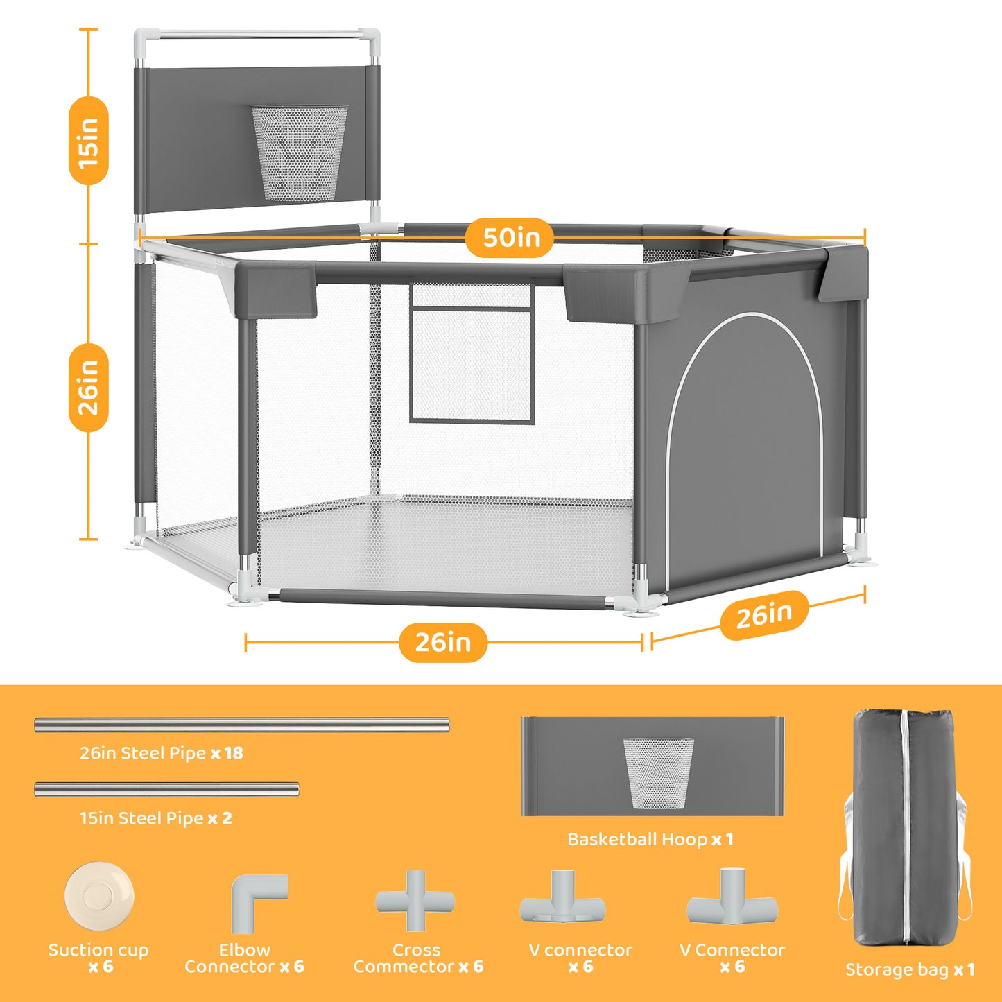 babyeap Baby Playpen with Basketball Hoop,Playpen for Babies and Toddlers,Hexagonal Fence Baby Play Yards,Dark Gray