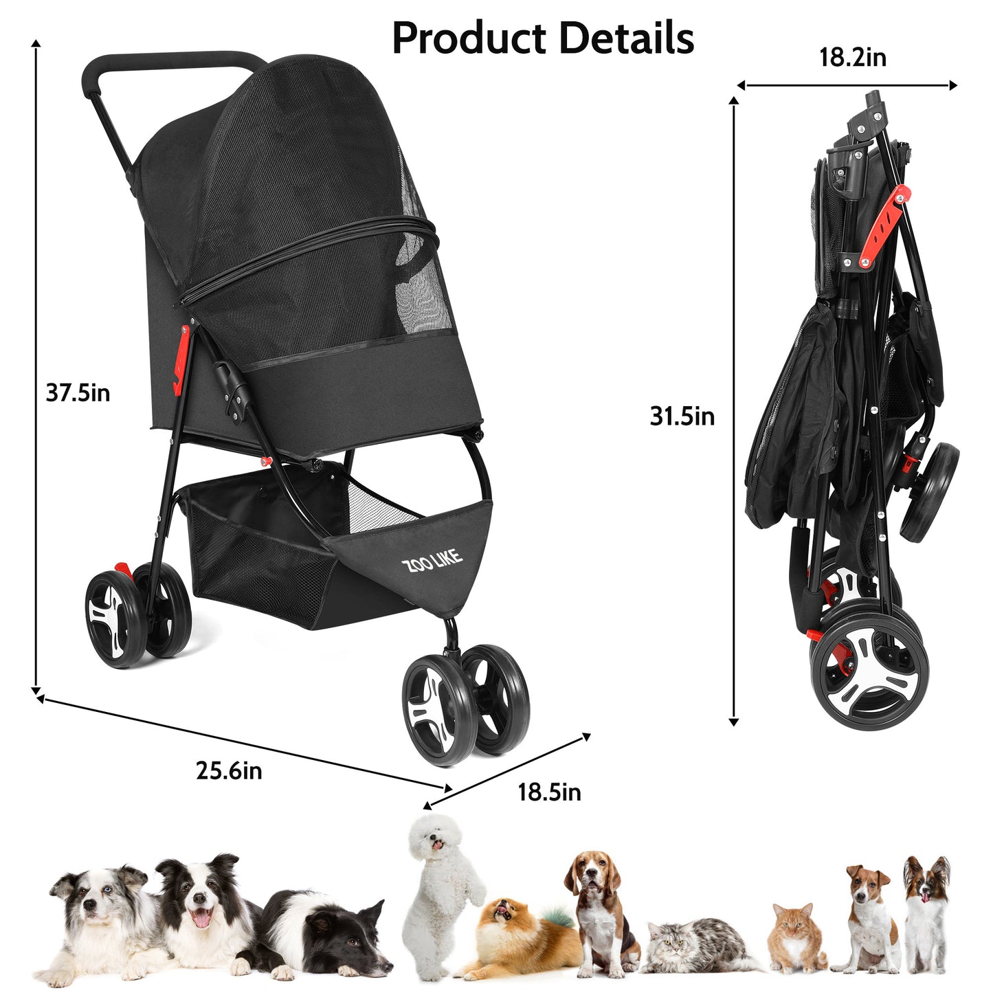 Zoolike 3 Wheel Pet Stroller Cat Dog Stroller Foldable Jogging Travel Perros Carrier for Small Medium Dogs，Puppy Stroller,Black