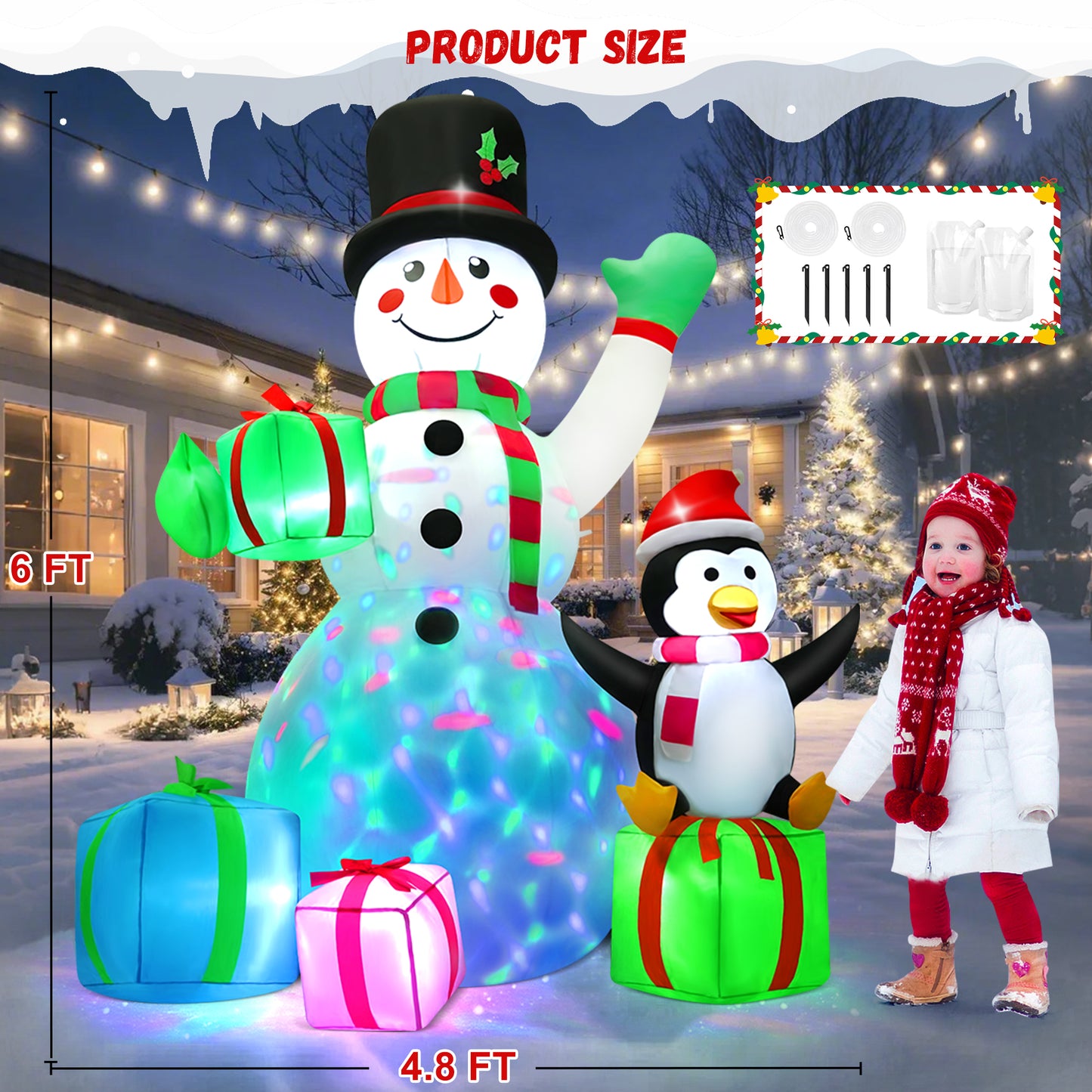 Lookfly 6FT Christmas Inflatables Snowman Blow Up Yard Decor with 360 Rotation Colorful Projector LED Light for Outdoor Christmas Party ,Garden and Lawn