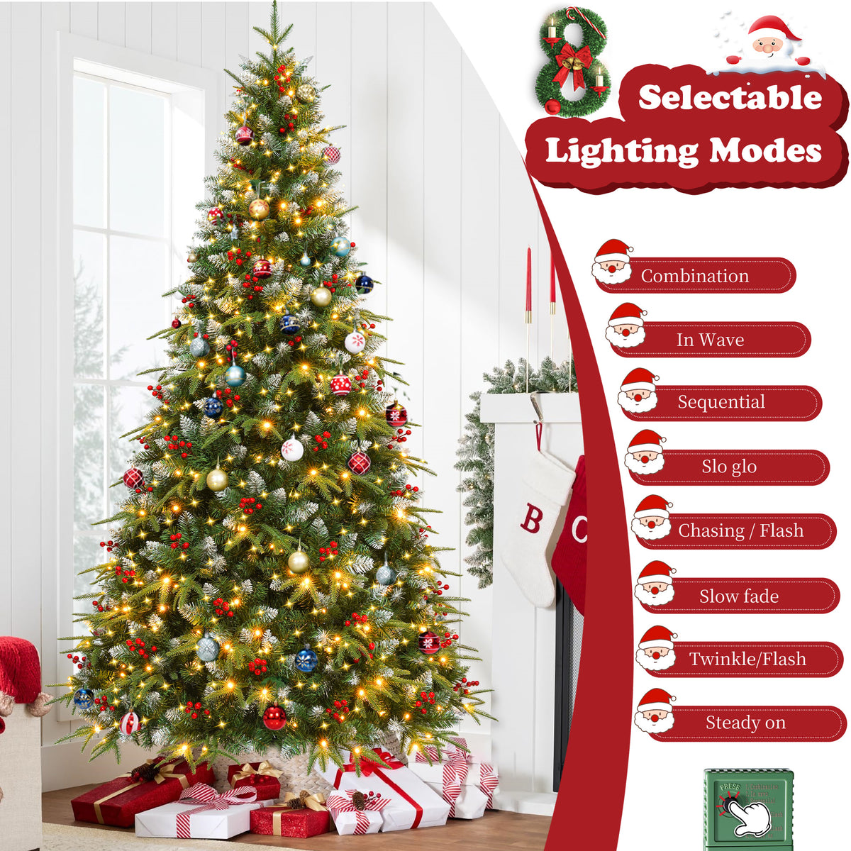 Yexmas 9ft Pre-Lit Artificial Christmas Trees,Green Xmas Tree with Large Christmas Tree Storage Bag, Berries, Realistic Artificial Christmas Trees for Home, Office, Party Decoration
