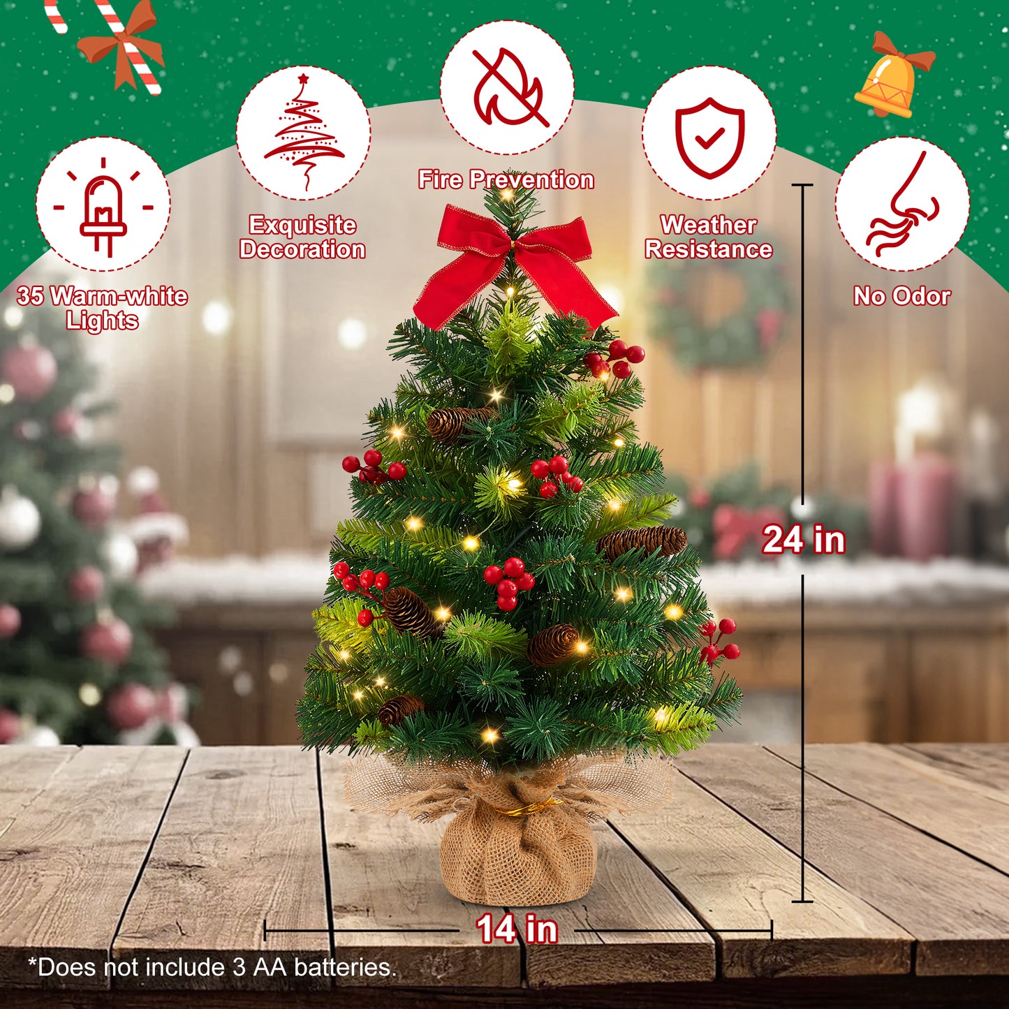 Yexmas 2PCS Pre-lit Artificial Mini Christmas Tree,24 Inch Small Tabletop Xmas Tree for Indoor Outdoor Christmas Decor