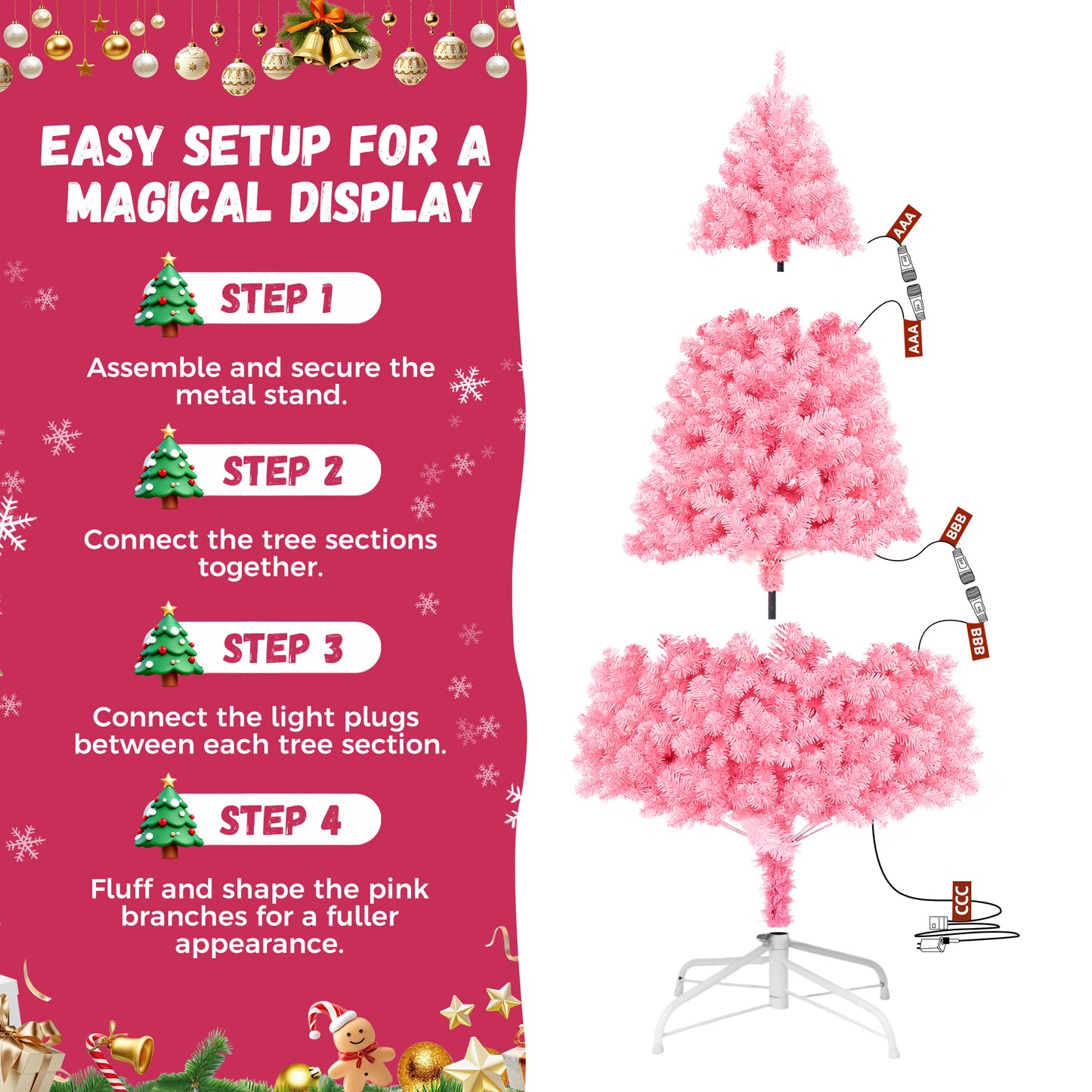 Yexmas 6ft Pre-Lit Pink Christmas Tree,Artificial Christmas Tree with 1000 PVC Branches,300 Multicolor Lights,Metal Hinges,Xmas Tree for Home,Holiday Party Decorations