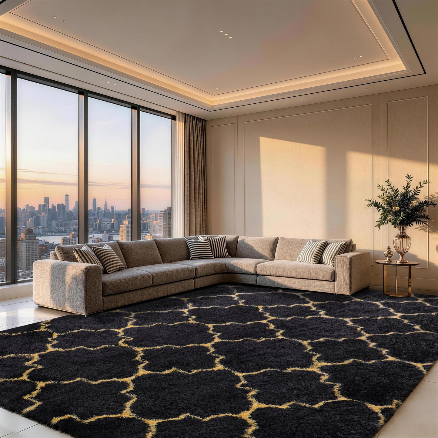 CozyDesg Soft Area Rugs for Living Room Bedroom,4ftx6ft Large Rug Fluffy Fuzzy Shag Shaggy Soft Plush Carpet,Black & Gold