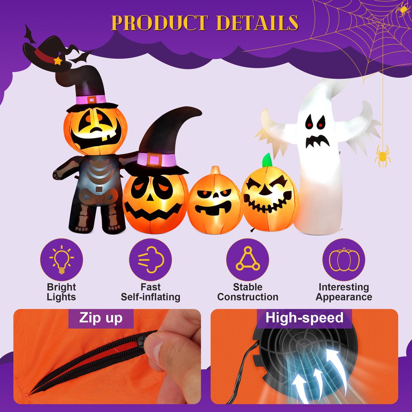 Yexmas Halloween Inflatables, 9 FT Long 4 Pumpkins with Cute White Ghost Outdoor Decorations, Built-in LEDs, Blow Up Party, Waterproof Yard, Garden, Lawn Decor