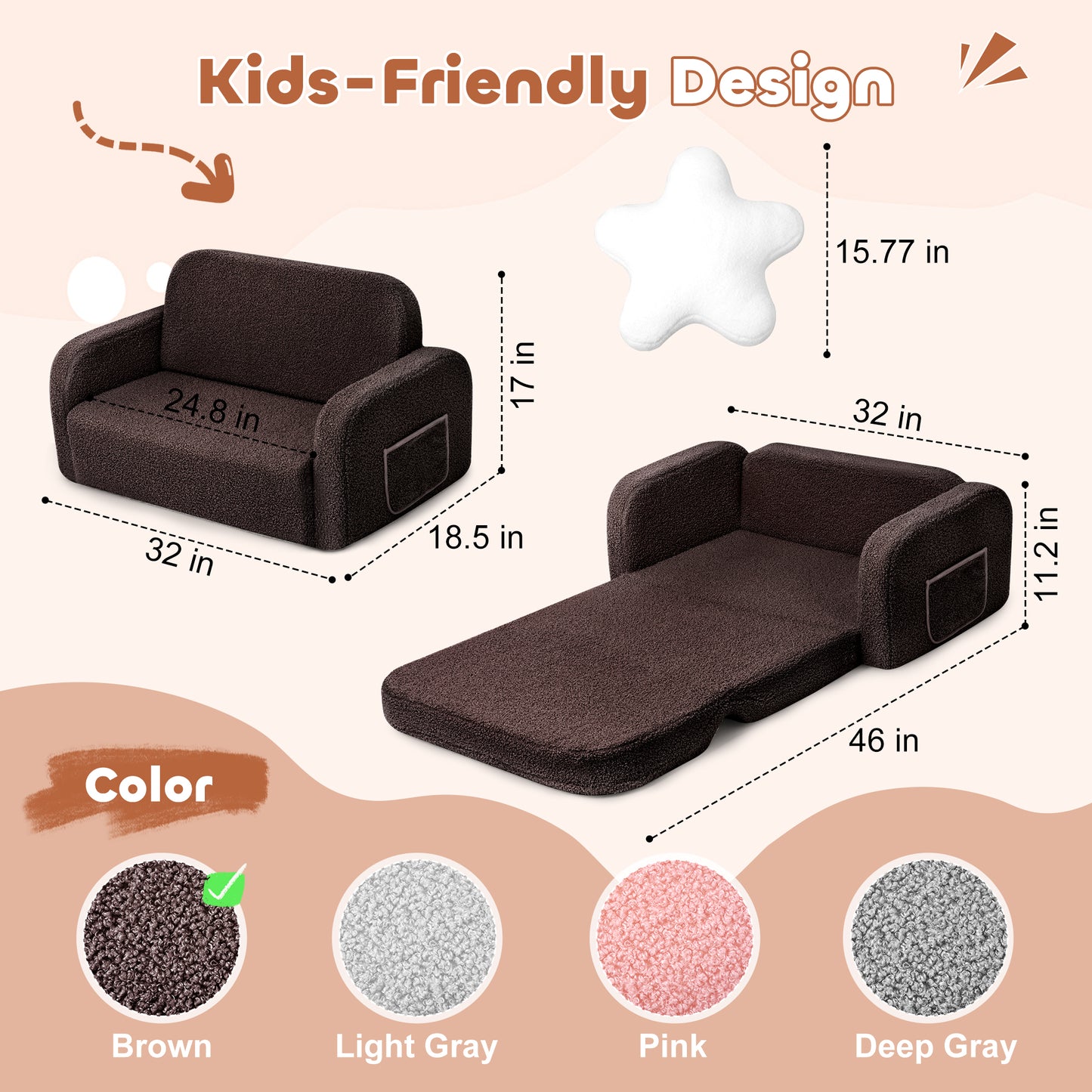 Babyeap Extra Wide Kids Chair,2-in-1 Convertible Toddler Chairs,Soft Comfy Kids Couch, Kids Sofa for Boys & Girls 3+,Brown