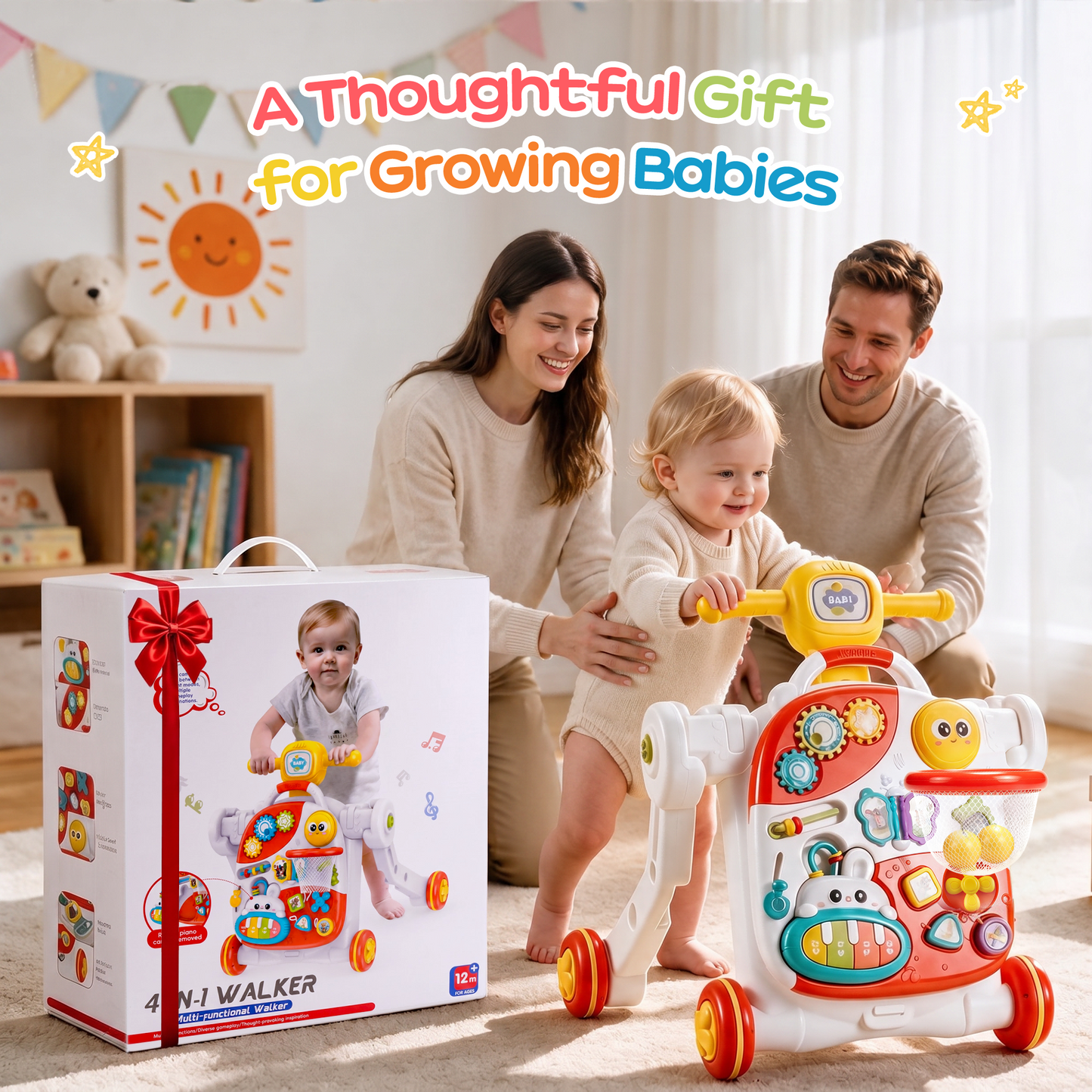 Yexmas 4-in-1 Baby Walker, Baby Push Walker with Wheels, Sit-to-Stand Baby Activity Center, Early Learning Walking Toys, Birthday&Christmas Gift for Toddlers