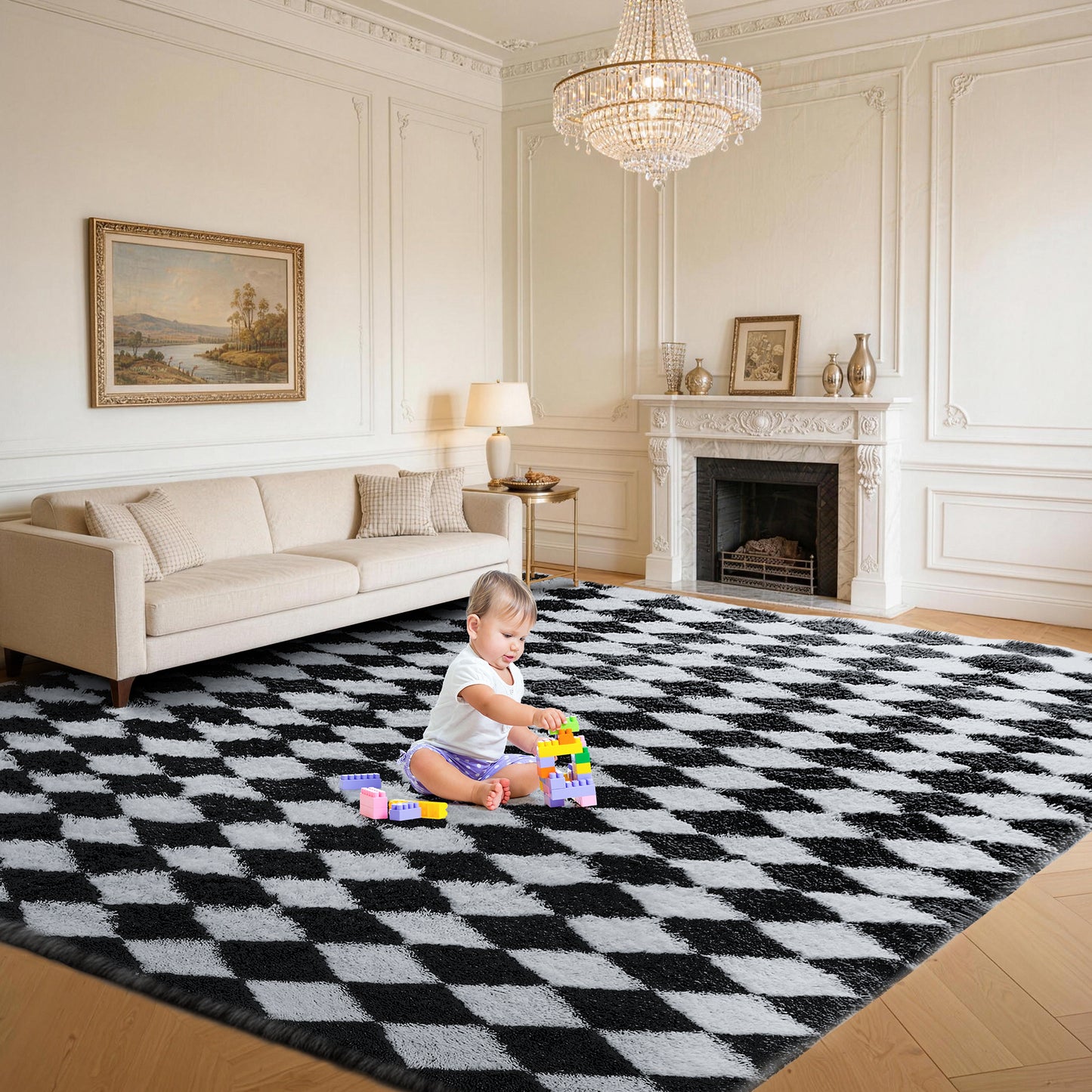 CozyDesg Large Rugs,4'x6' Soft Fluffy Shag Indoor Floor Carpet for Living Room Bedroom Dining Room Office Home Decor,Dark Gray & White