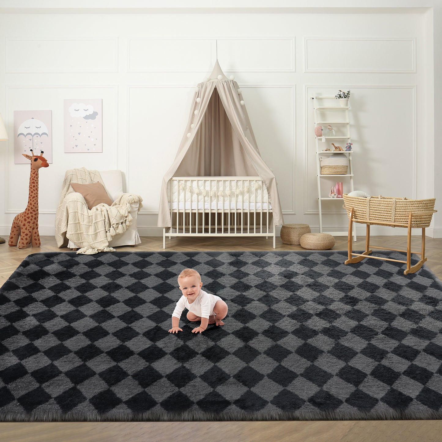 CozyDesg Large Rugs,4'x6' Soft Fluffy Shag Indoor Floor Carpet for Living Room Bedroom Dining Room Office Home Decor,Dark Gray & White