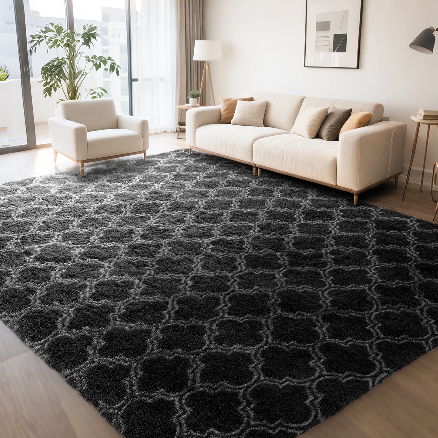 CozyDesg Area Rugs for Living Room，Black Rugs Shag Fluffy Shaggy Bedside Carpet, Large rug for Living Room Bedroom Dining Room Office Home Decor