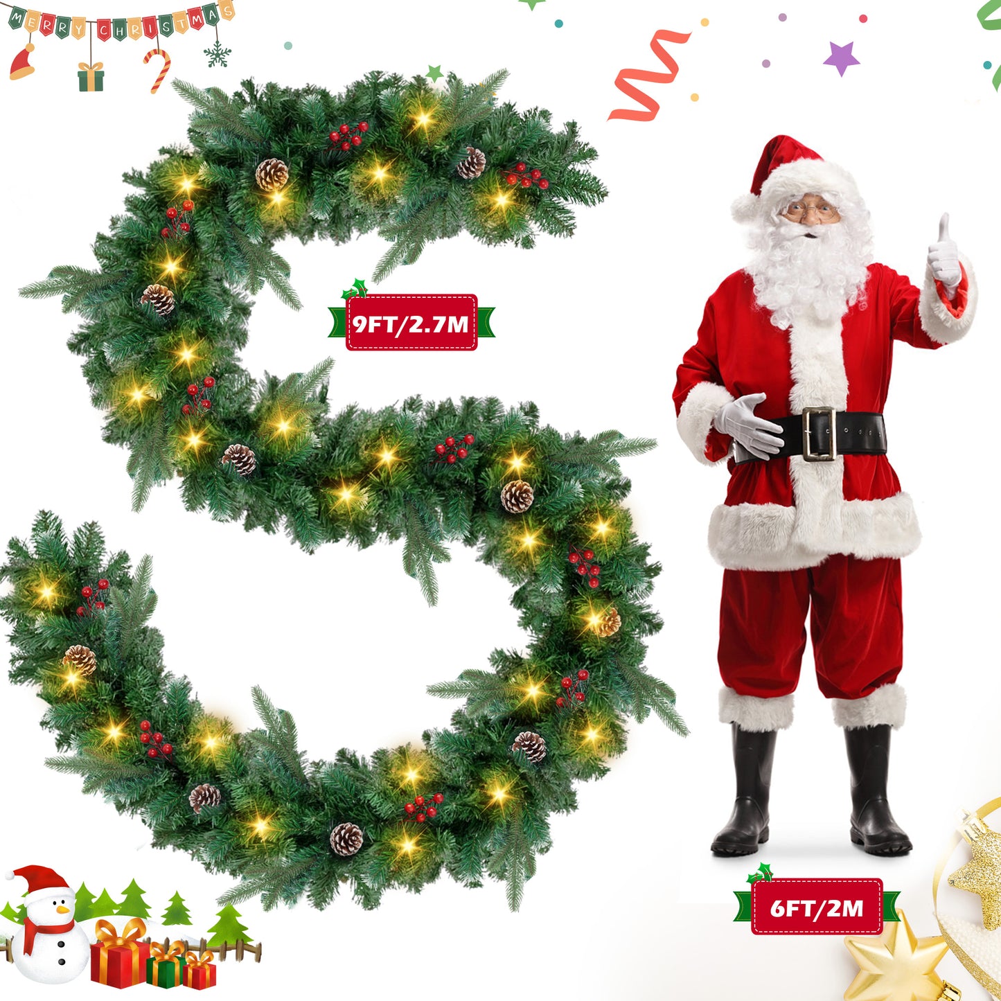 Yexmas 9ft Large Christmas Garland, Multi-Purpose Xmas Wreath with 90 LED Lights, Battery Operated