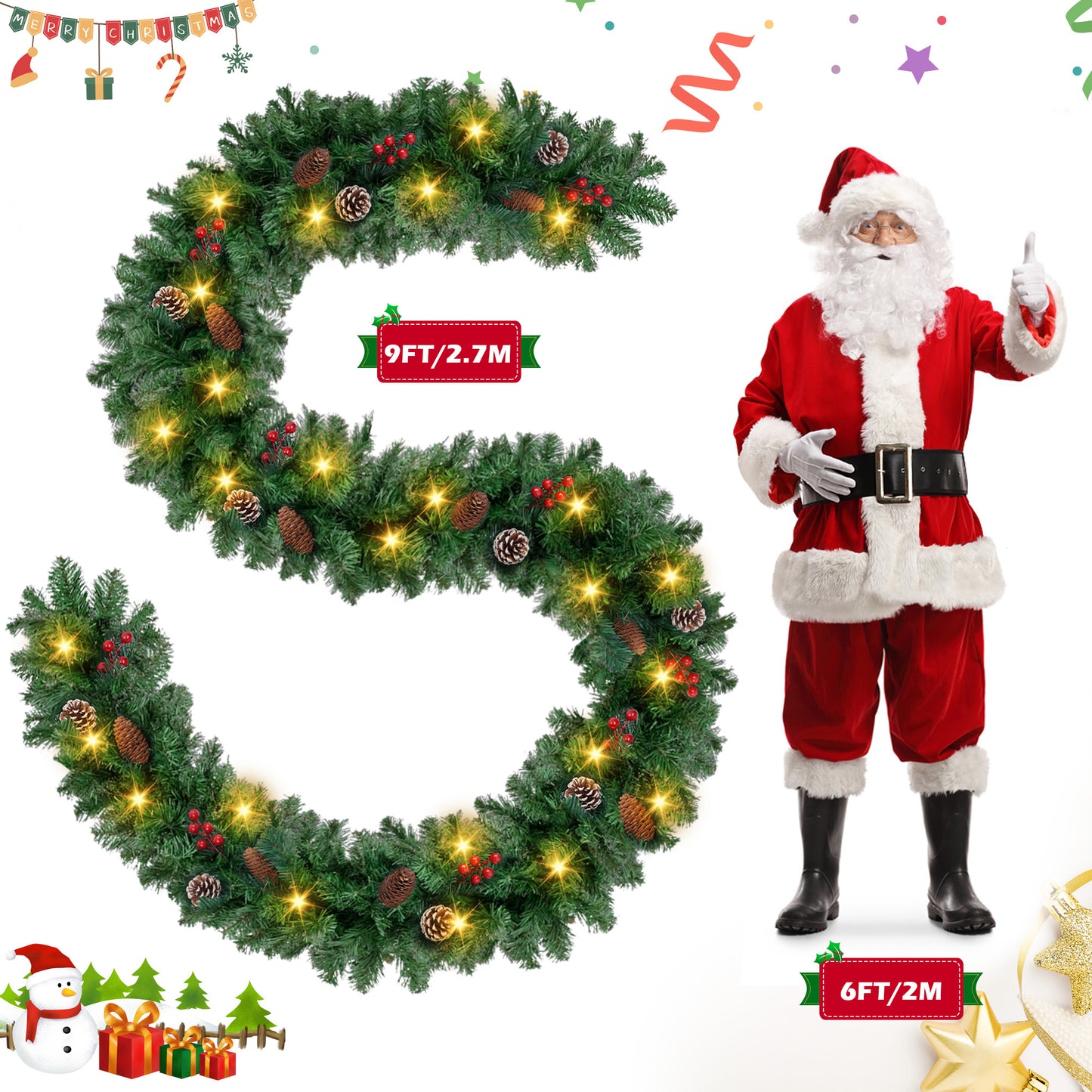 Yexmas 9ft Large Christmas Garland, Multi-Purpose Xmas Wreath with 60 LED Lights, Decorated with Pinecones, Berry Clusters, Battery Operated