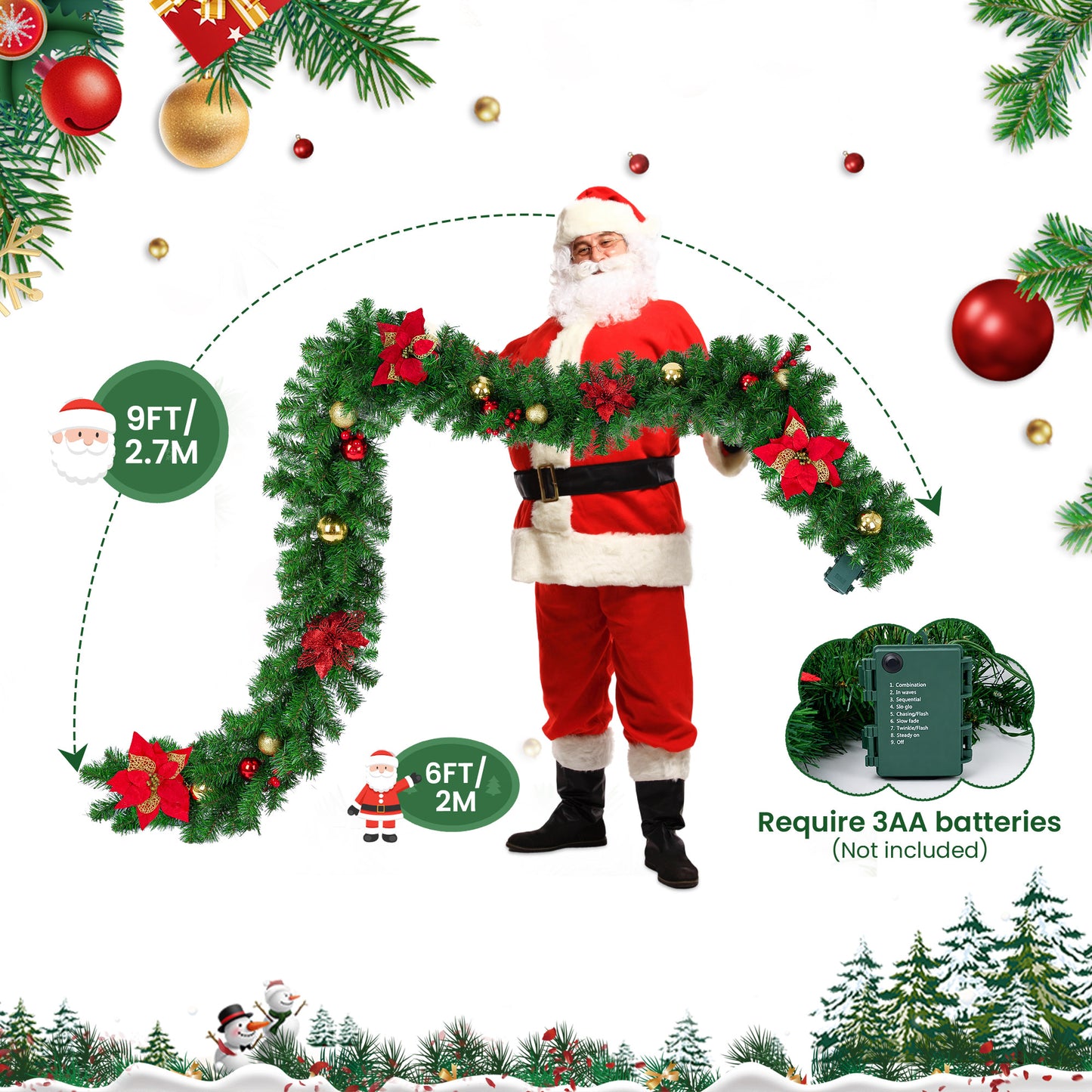Yexmas 9FT Pre-Lit Christmas Garland with LED Lights,Decorated with Red Poinsettias,Berries and Ball Ornaments,Battery Operated Xmas Garland for Mantel,Stair,Door