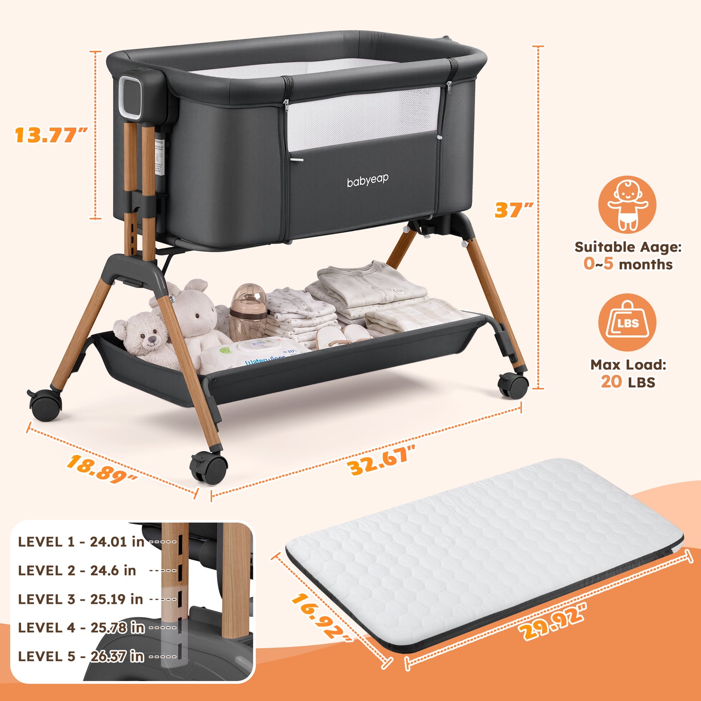 Babyeap 3-in-1 Baby Bassinet, Adjustable Bedside Sleeper with Gentle Rocking Motion, Storage Basket and Wheels for Infants, Gray