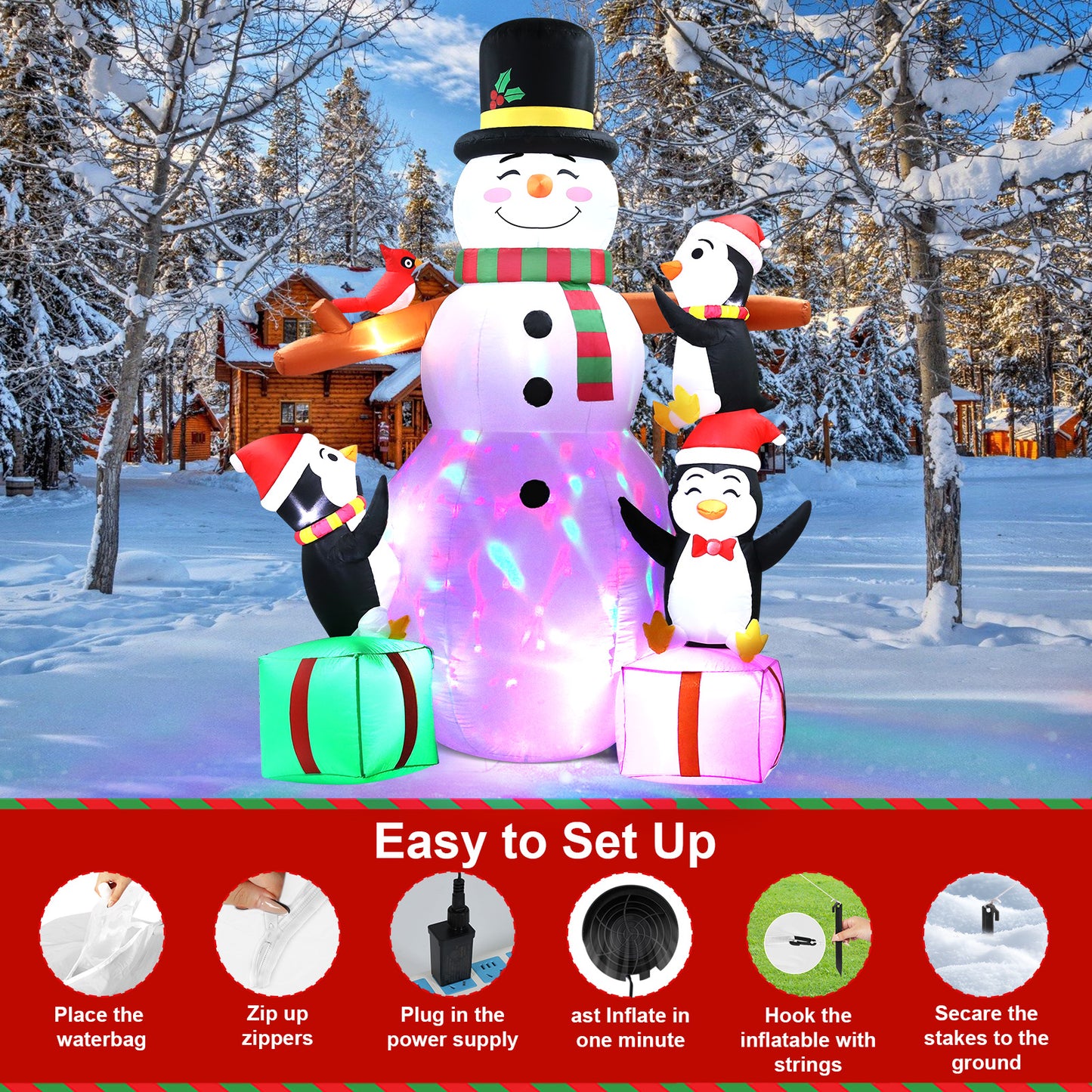 LOOKFLY 8 ft Giant Christmas Snowman Inflatable Outdoor Decoration with Build-in Multicolor LEDs, Blow Up Inflatables for Xmas Party Garden Patio Lawn