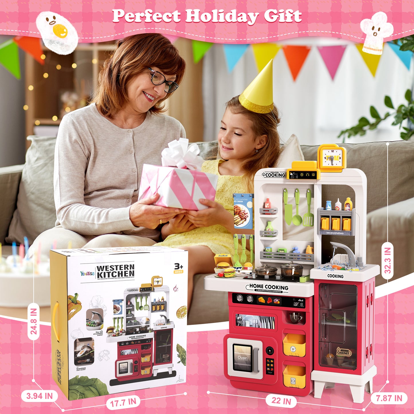 Lookfly Play Kitchens,68PCS Kids Kitchen Playset with Realistic Lights&Sounds,Toddler Kitchen Toy Gift for Boys and Grlis,Pink 32.3"H