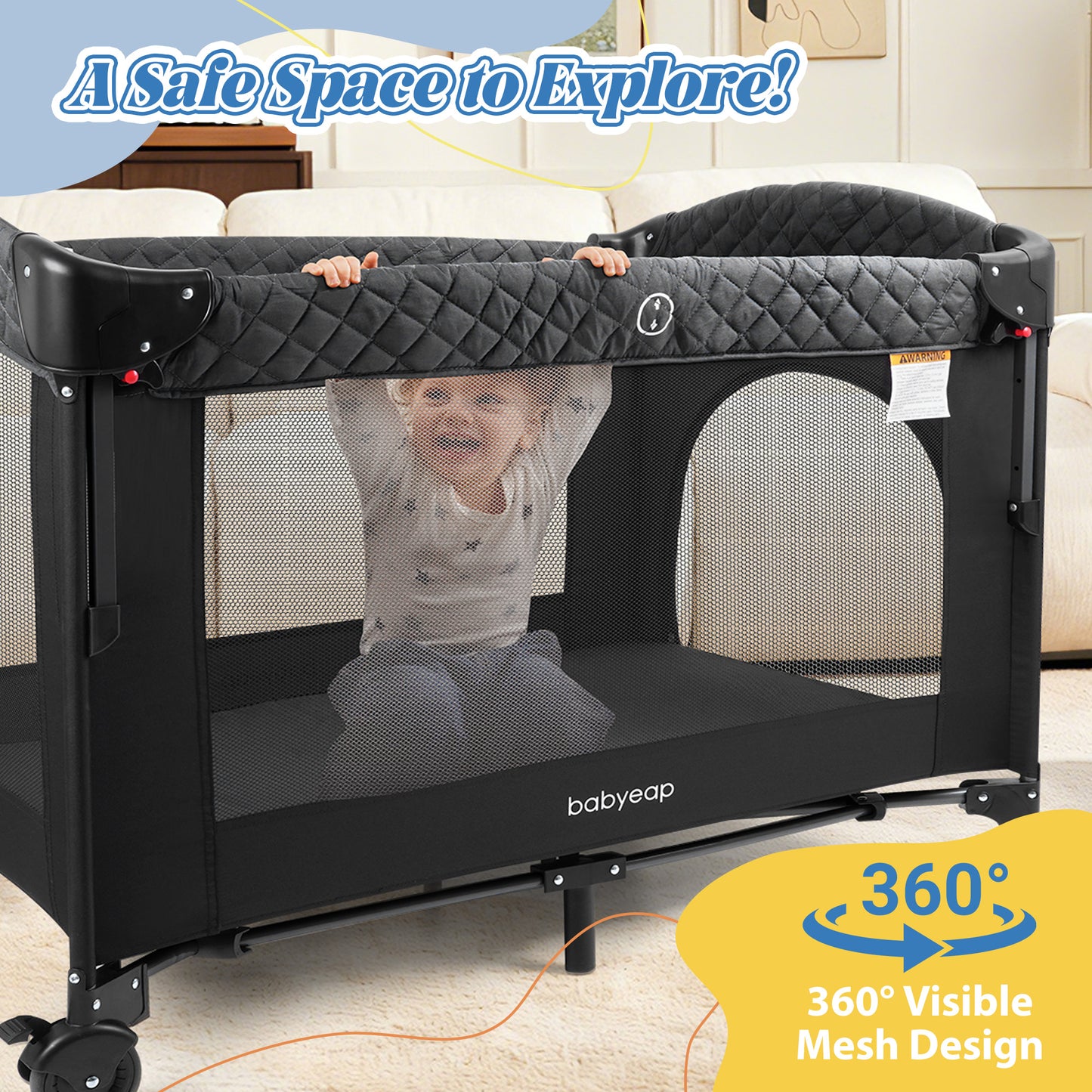 Babyeap 7-in-1 Baby Bassinet with Playard and Bedside Sleeper, Changing Table, Toy Bar, Extra Large Storage Bag, Travel Crib for Newborns and Infants, Black