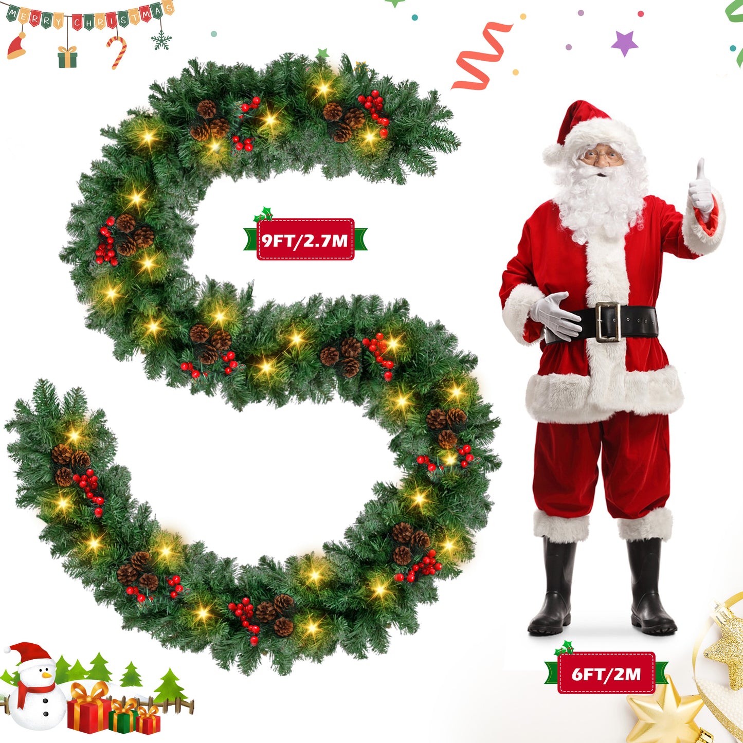Yexmas 9ft Large Christmas Garland, Multi-Purpose Xmas Wreath with 60 LED Lights, Decorated with Pinecones, Berry Clusters, Battery Operated