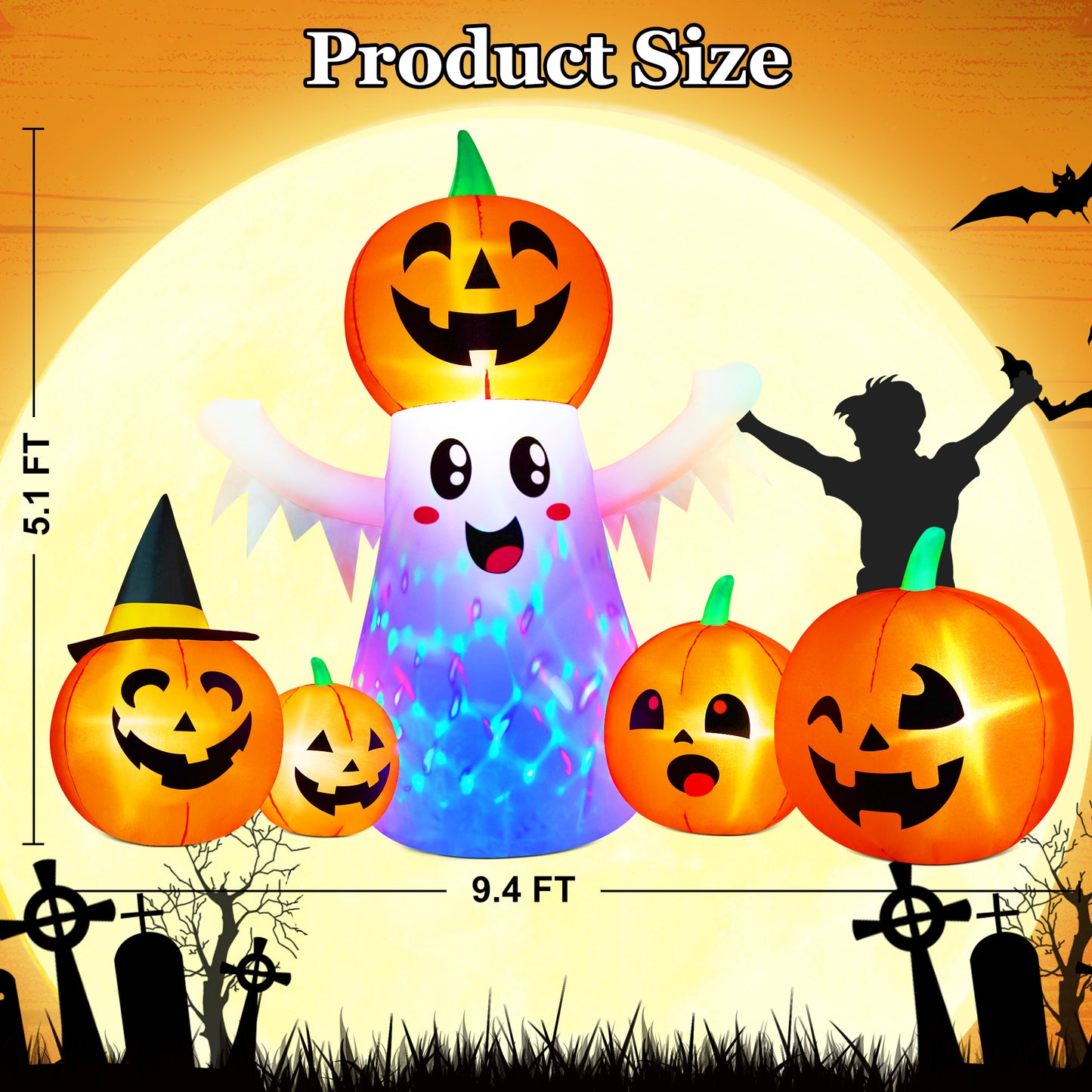 Yexmas 9.4ft Halloween Inflatable Pumpkins Outdoor Decor with Black Cat Tombstone and Spectre,Built-in LED Lights,for Halloween Party,Yard,Garden,Lawn
