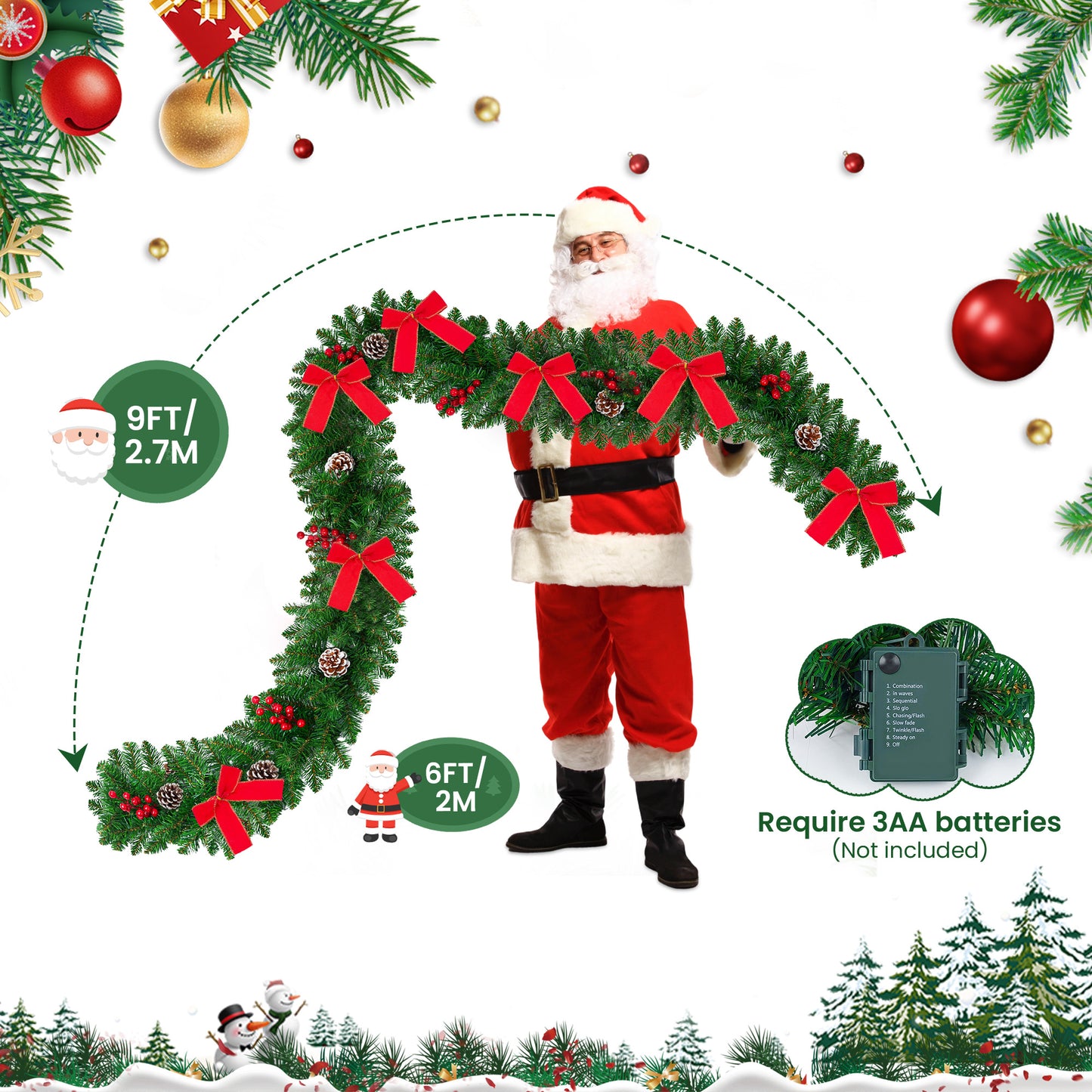Yexmas 9FT Pre-Lit Christmas Garland with LED Lights, Decorated with Bows, Pinecones and Berry Clusters, Battery Operated Xmas Garland for Mantel, Stair, Door