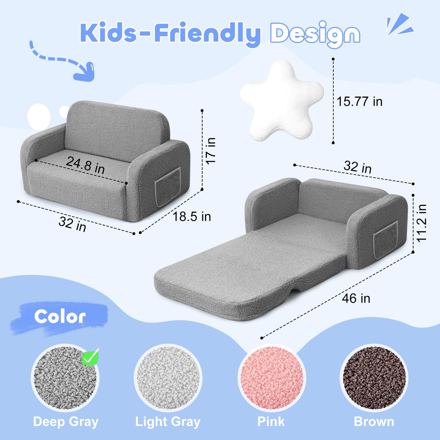 Babyeap Extra Wide Kids Chair,2-in-1 Convertible Toddler Chairs,Soft Comfy Kids Couch, Kids Sofa for Boys & Girls 3+,Deep Gray
