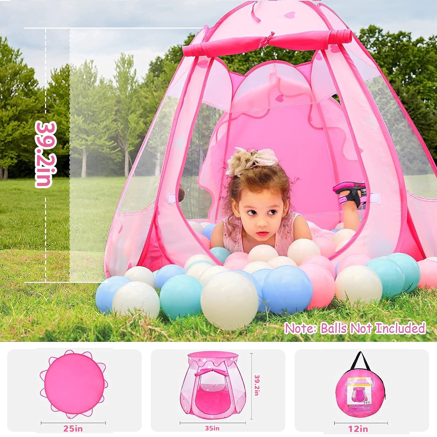Yexmas Kids Play Tent, Pop Up Princess Tent Girls Kids Playhouse, Foldable Ball Pit with Carrying Bag