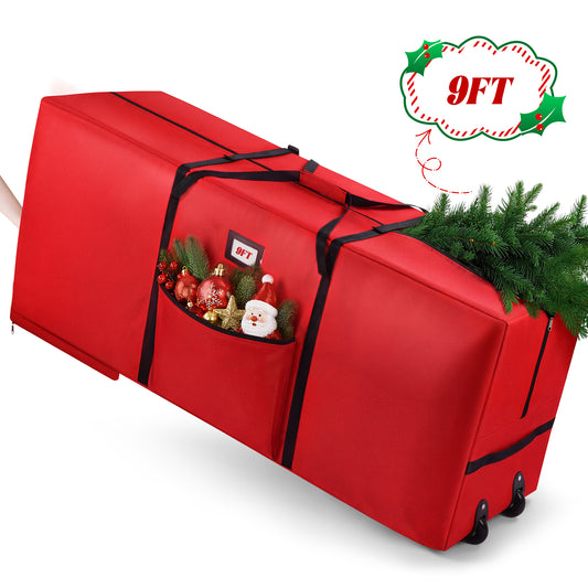 Yexmas 9FT Christmas Tree Storage Bag with Wheels,Waterproof Christmas Tree Bag for Artificial Trees with Extra Storage Pockets,Red