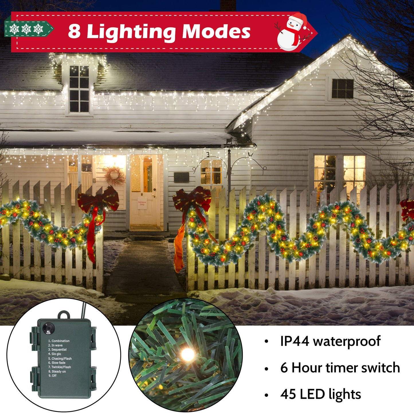 Yexmas 9ft Large Christmas Garland, Multi-Purpose Xmas Wreath with 45 LED Lights, Decorated with Pinecones, Berry Clusters, Battery Operated