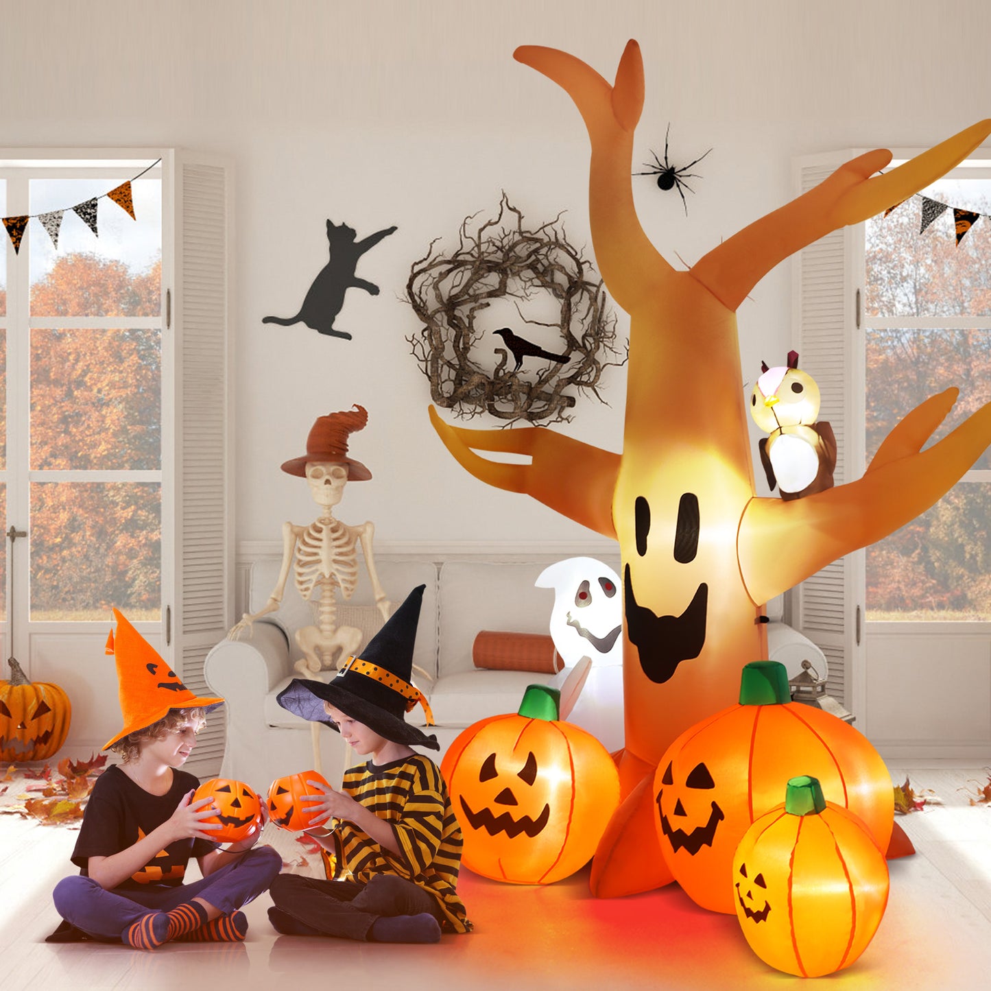 Yexmas 8FT Halloween Inflatables Dead Tree,Outdoor Halloween Decorations with Built-in LED Lights ,Halloween Blow Up Yard Decorations with Pumpkin,Ghost,and Owl