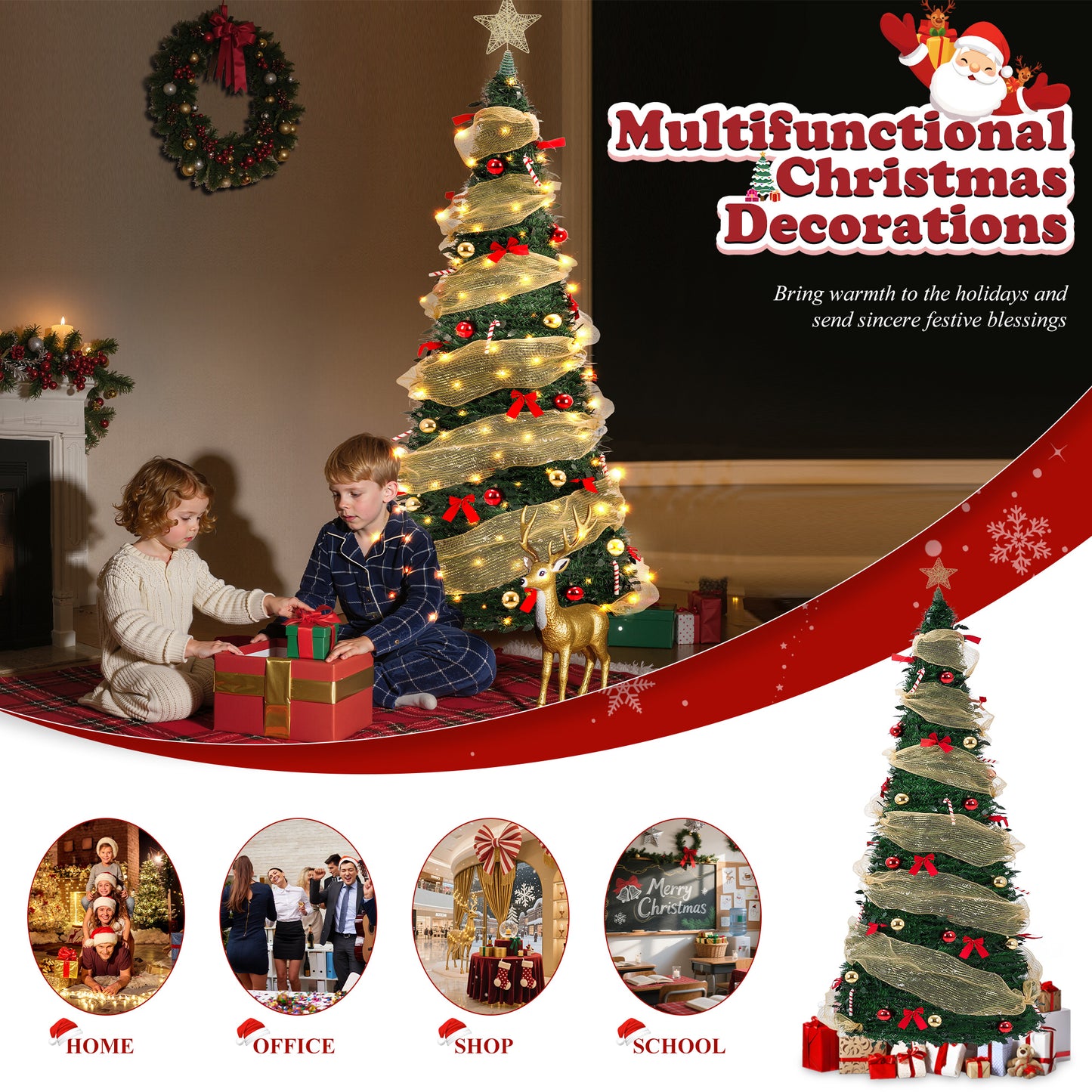 Yexmas 6FT Pop-Up Artificial Christmas Tree with 300LED Lights,Green Prelit Christmas Tree with Foldable Base