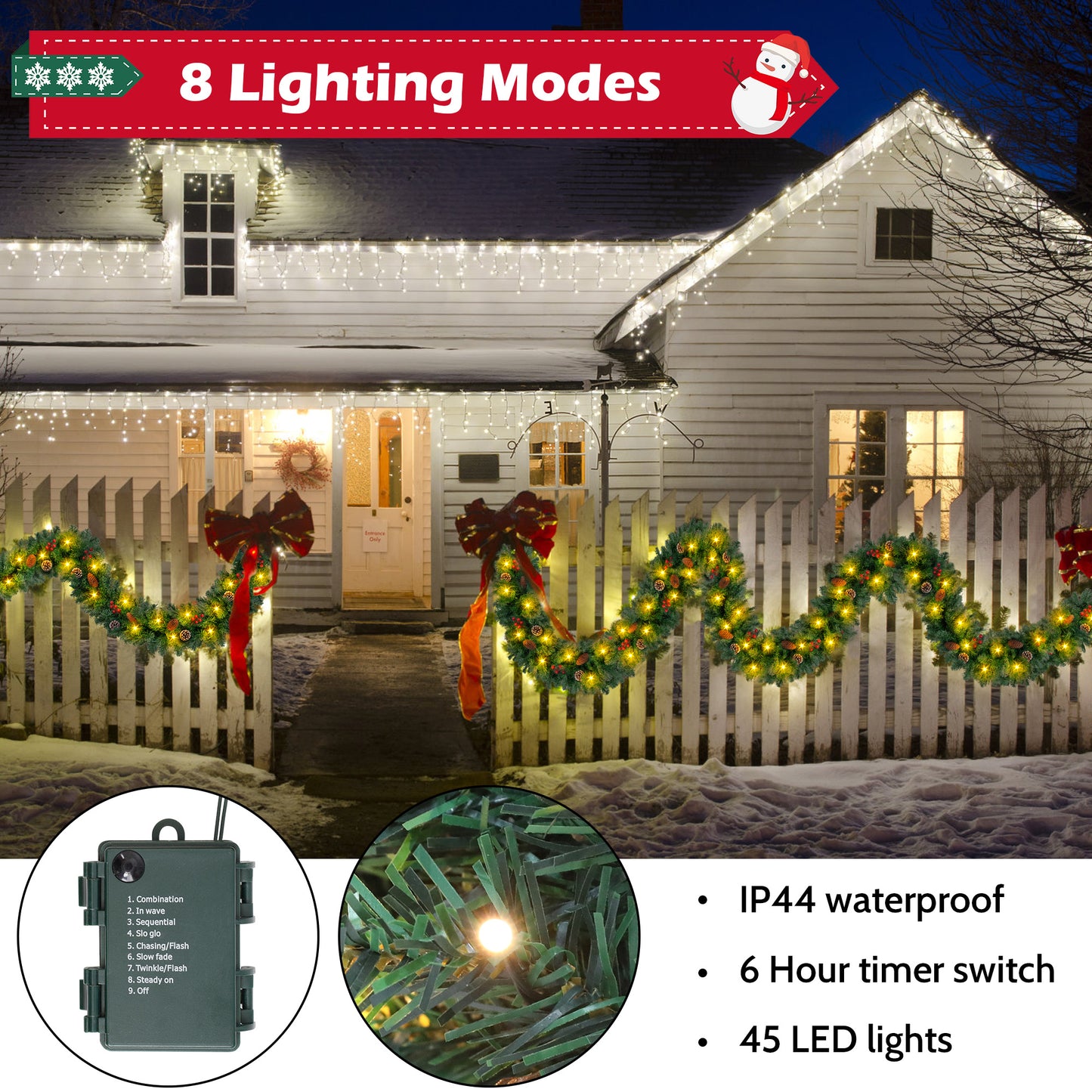 Yexmas 9ft Large Christmas Garland, Multi-Purpose Xmas Wreath with 60 LED Lights, Decorated with Pinecones, Berry Clusters, Battery Operated